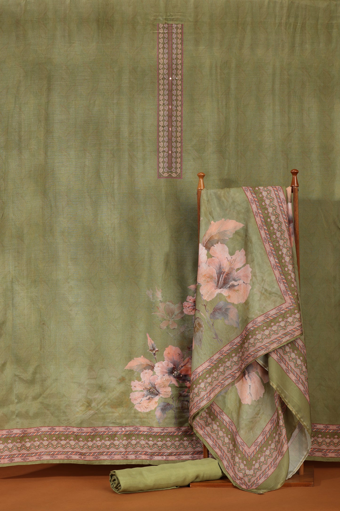 Green Printed Crepe & Kathan Silk Semi-Stitched Dress Material Suit
