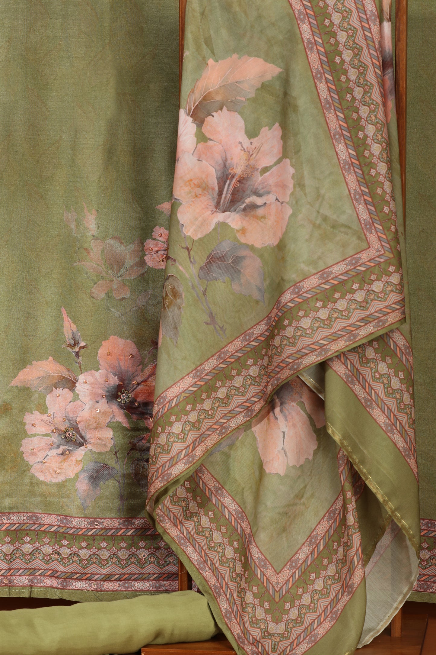 Green Printed Crepe & Kathan Silk Semi-Stitched Dress Material Suit