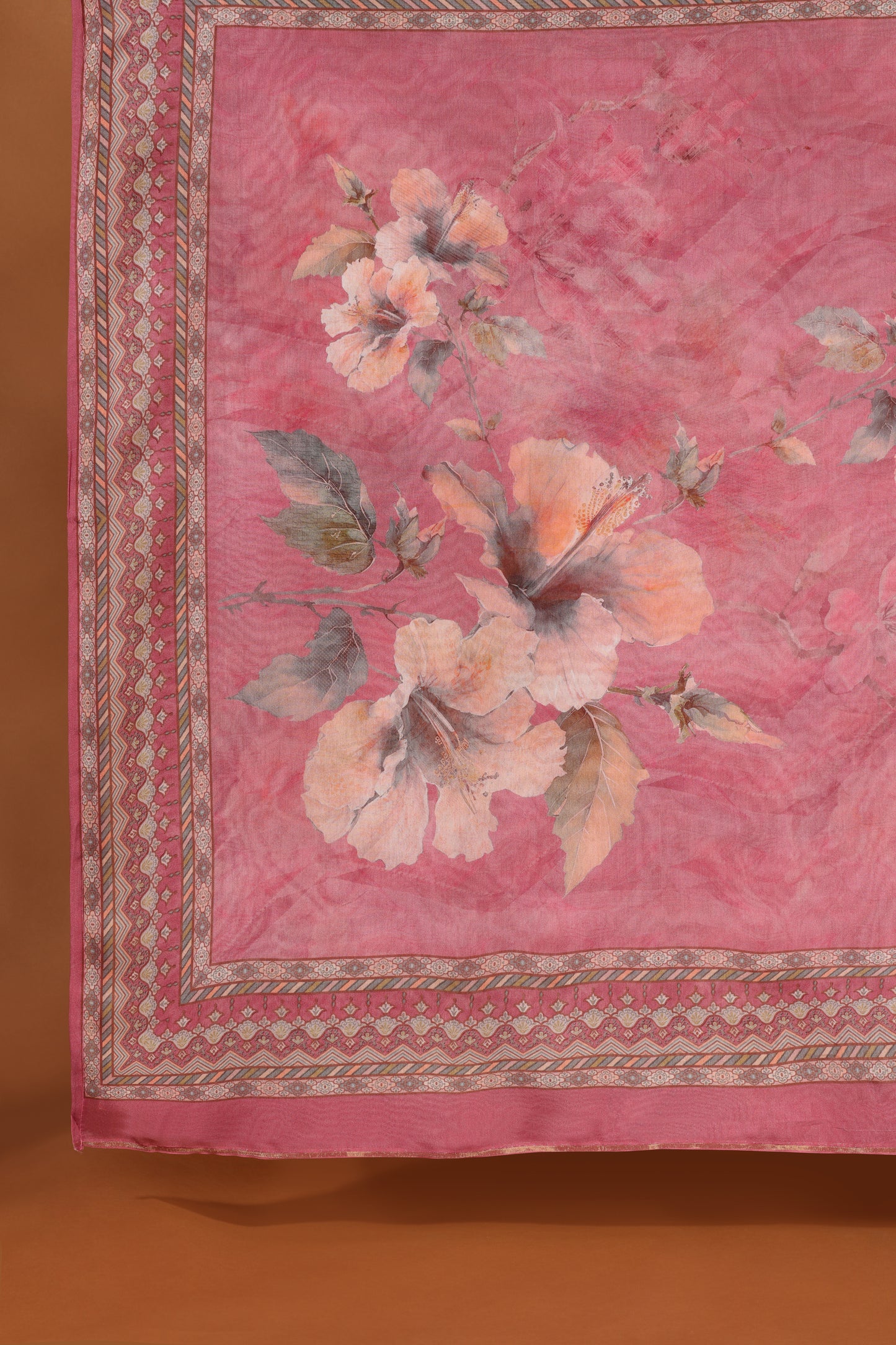 Pink Printed Crepe & Kathan Silk Semi-Stitched Dress Material Suit