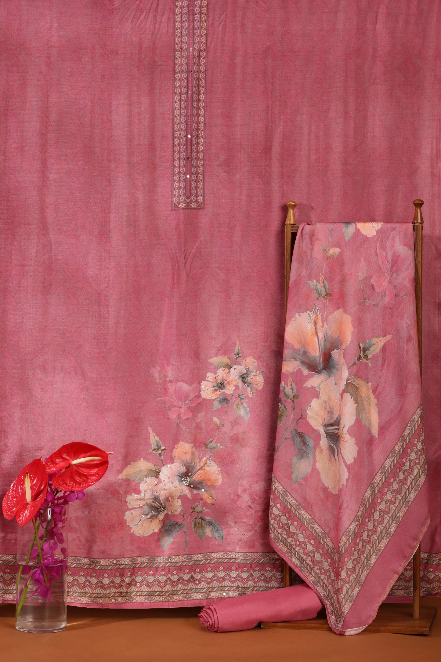 Pink Printed Crepe & Kathan Silk Semi-Stitched Dress Material Suit