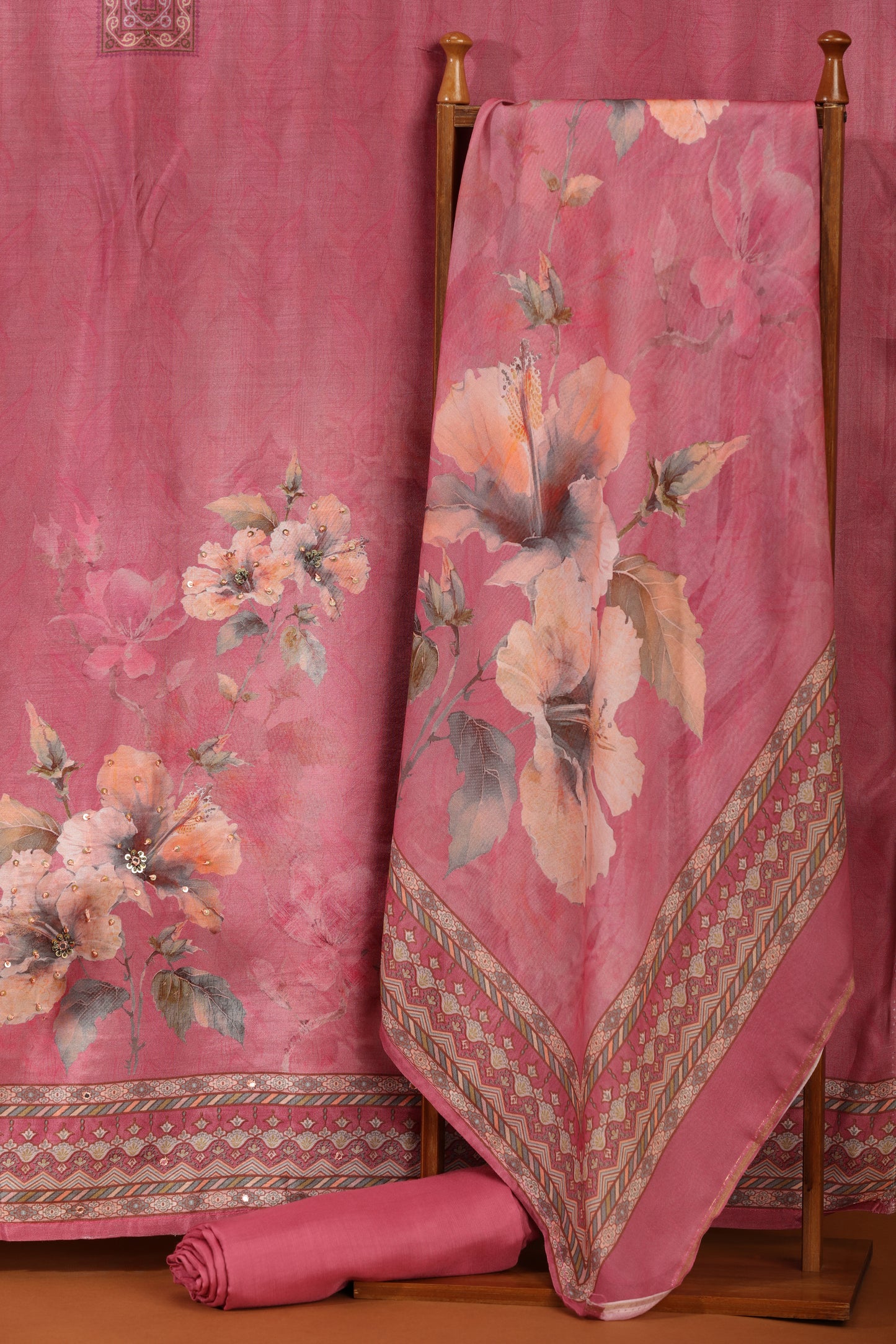 Pink Printed Crepe & Kathan Silk Semi-Stitched Dress Material Suit
