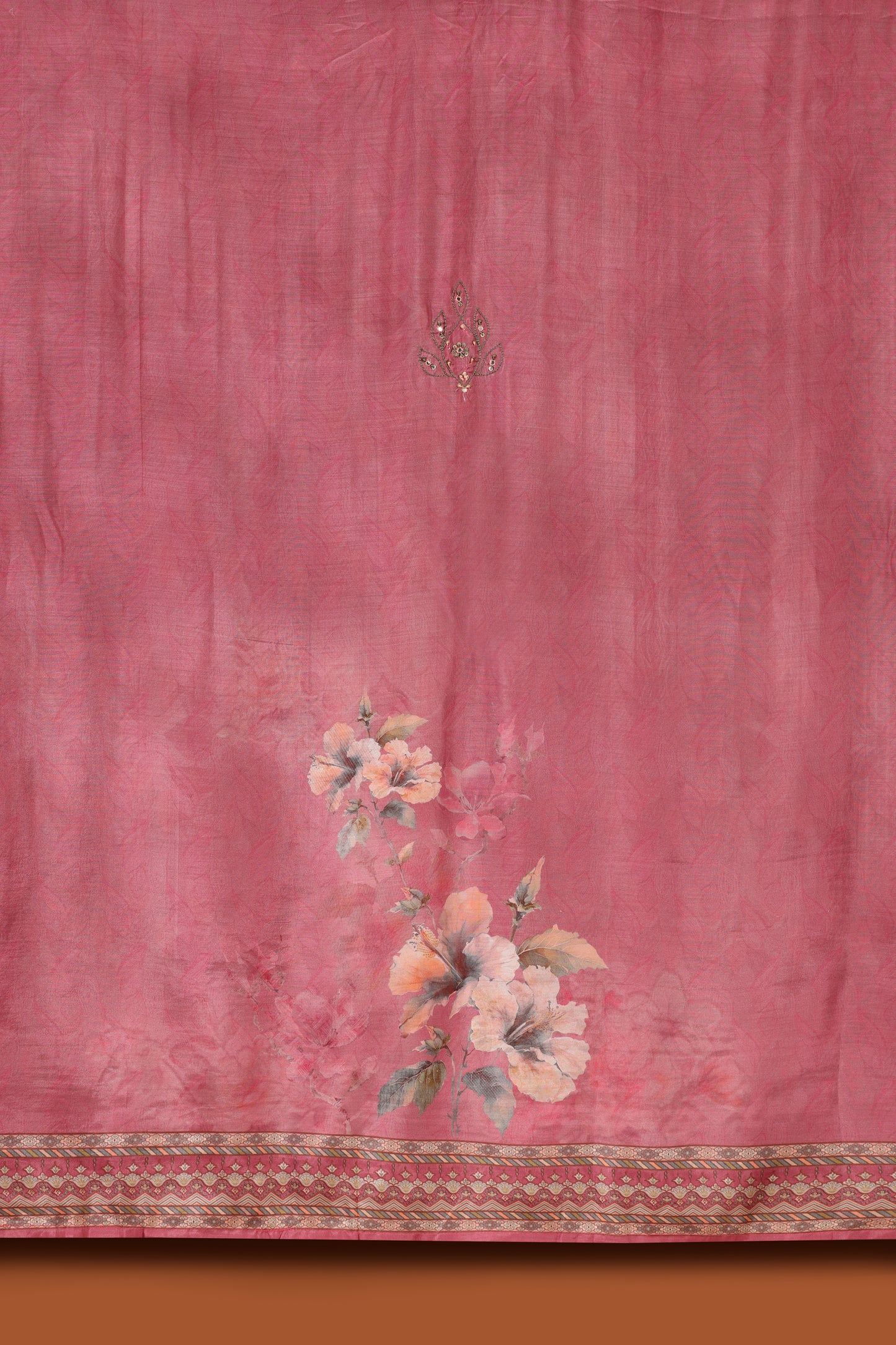Pink Printed Crepe & Kathan Silk Semi-Stitched Dress Material Suit