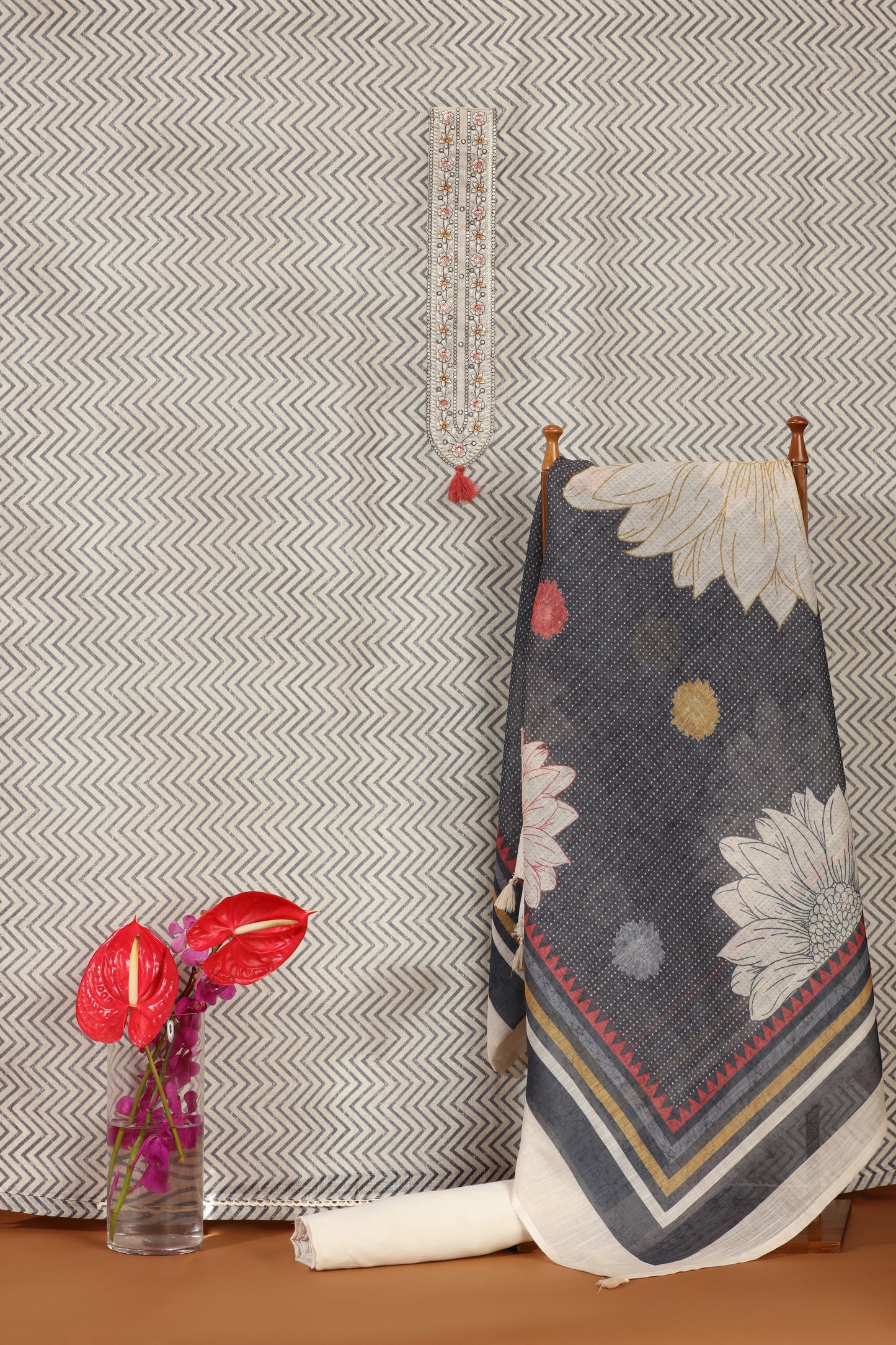 Grey & White Kathan Unstitched Dress Material Suit