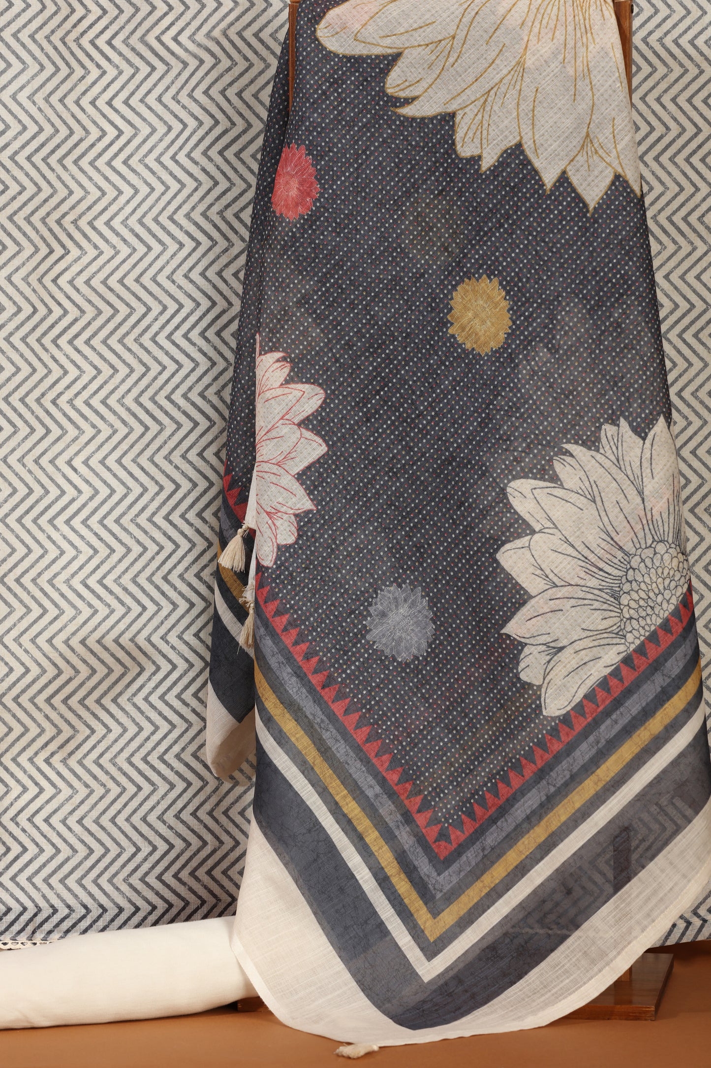 Grey & White Kathan Unstitched Dress Material Suit