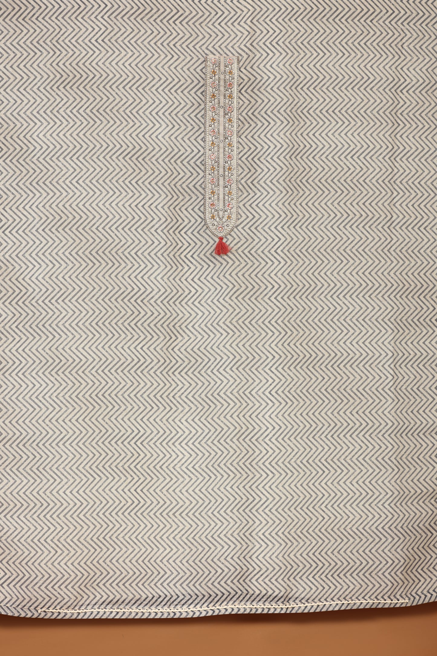 Grey & White Kathan Unstitched Dress Material Suit
