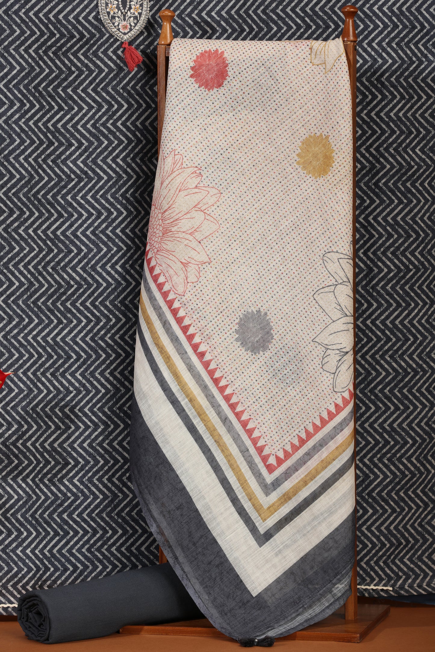 Grey & White Printed Kathan Silk Unstitched Dress Material Suit