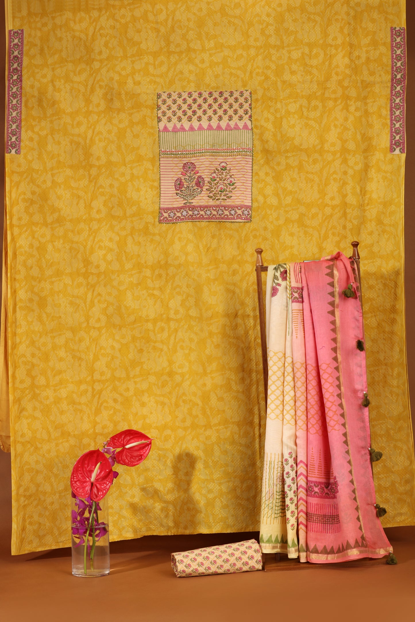 Yellow & Pink Printed Cotton-Chanderi Suit Set