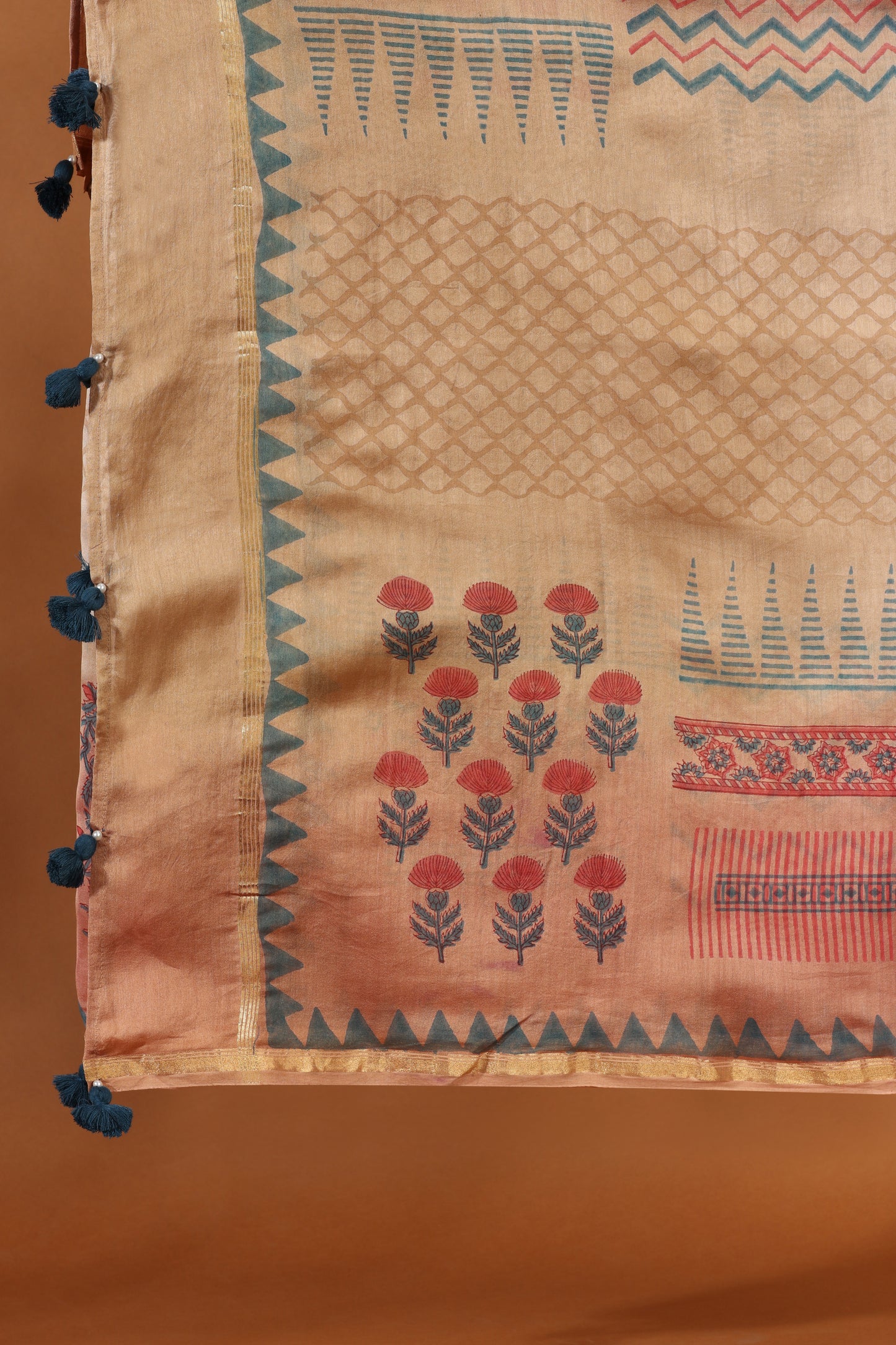 Orange Cotton Printed Suit Set with Chanderi Dupatta