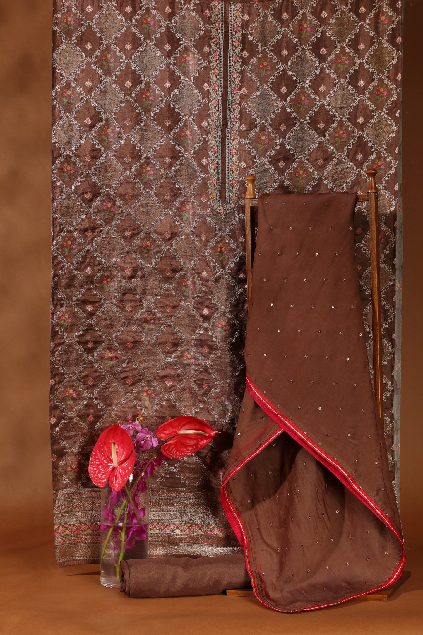 Mauve Printed Kathan Silk Suit Set