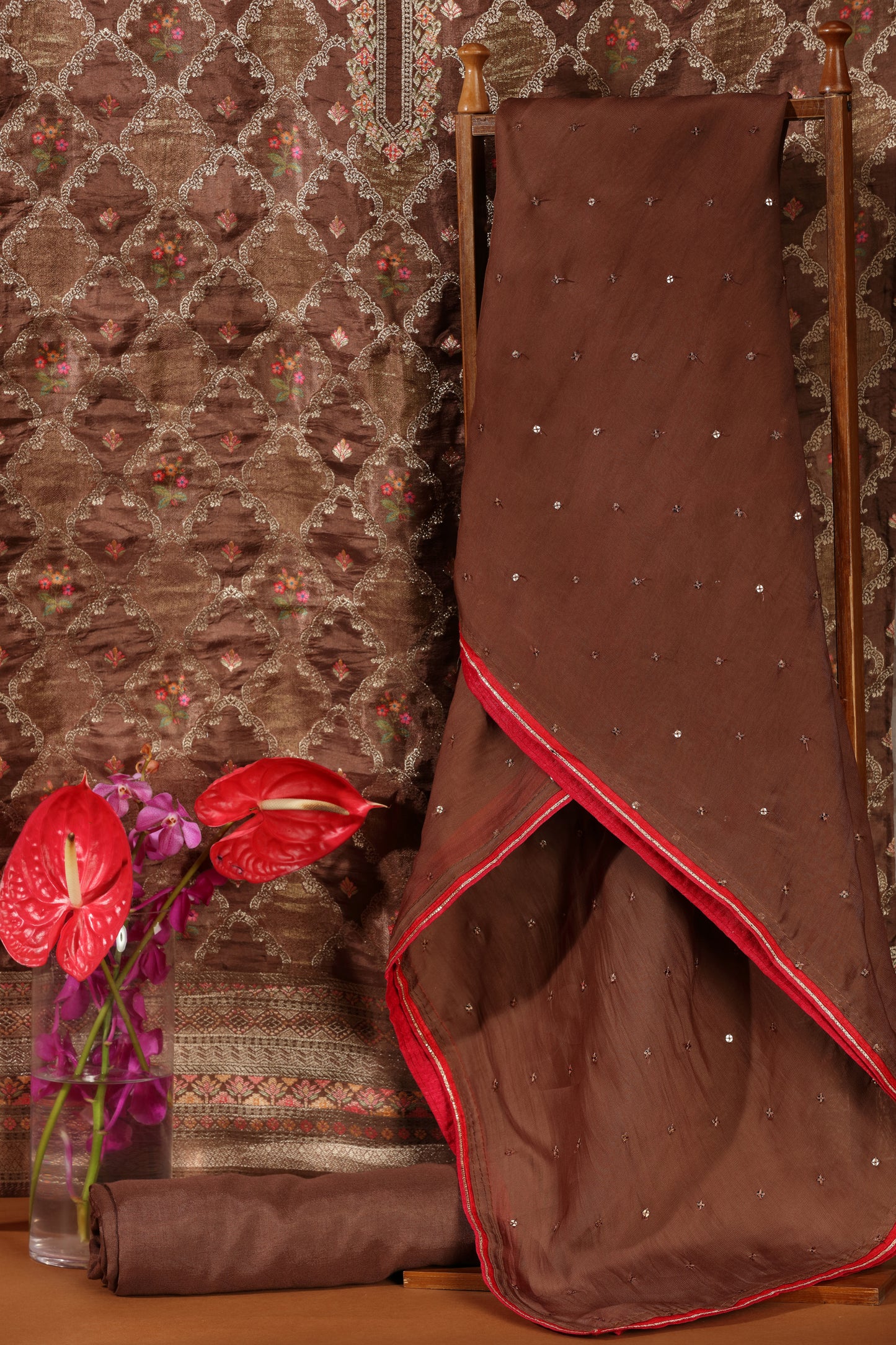 Mauve Printed Kathan Silk Suit Set