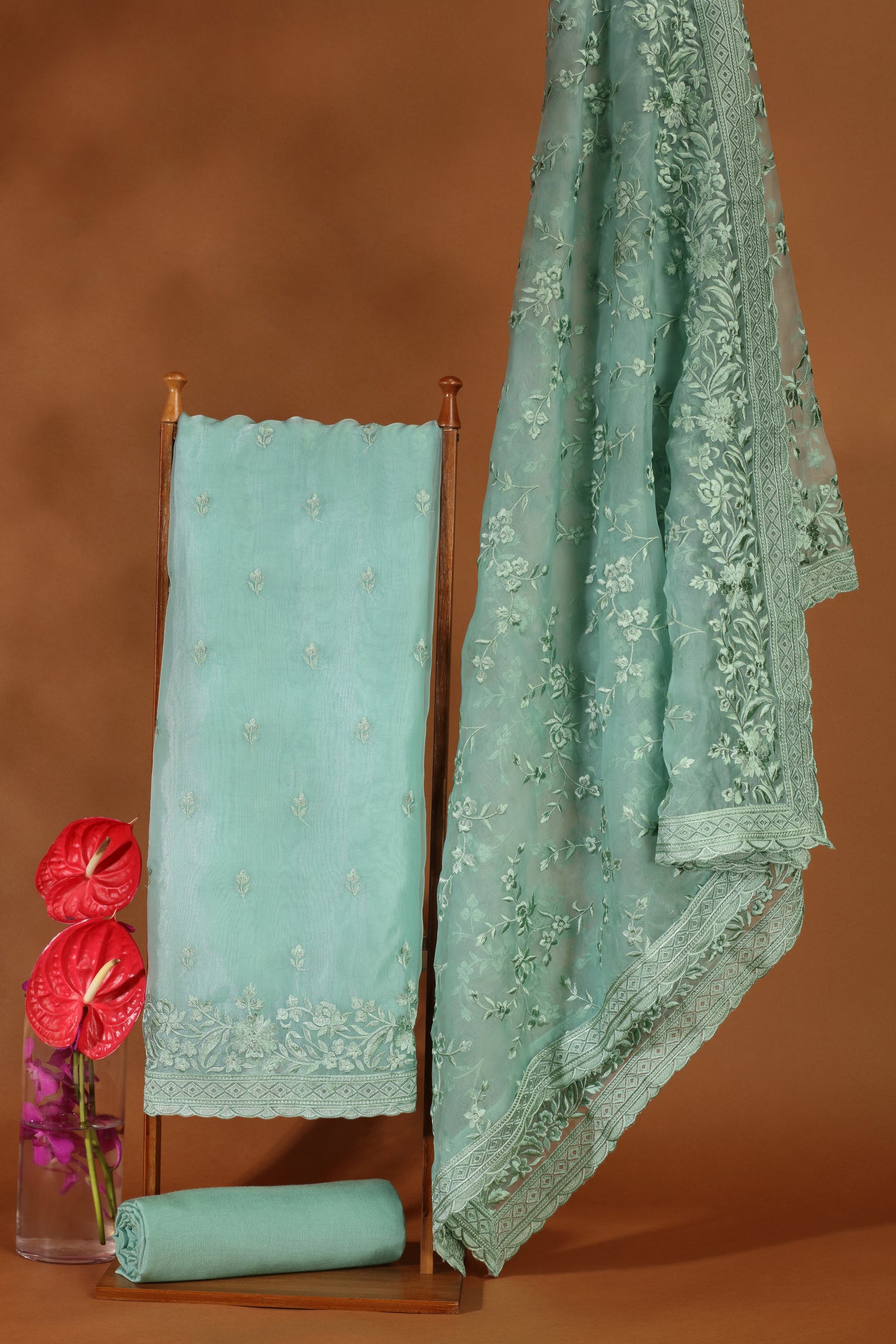 Emerald Green Organza Suit Set with Resham Detailing