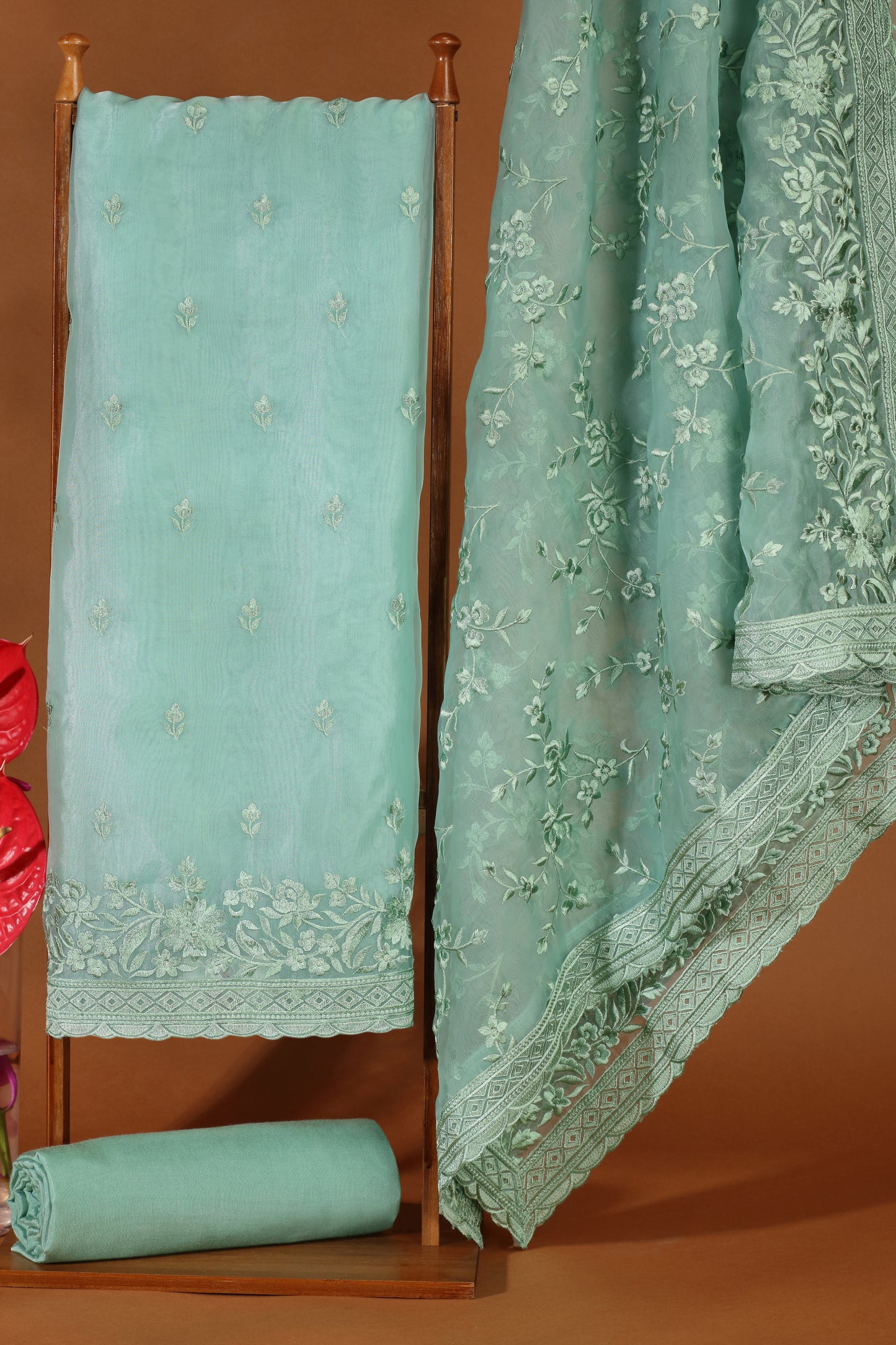 Emerald Green Organza Suit Set with Resham Detailing