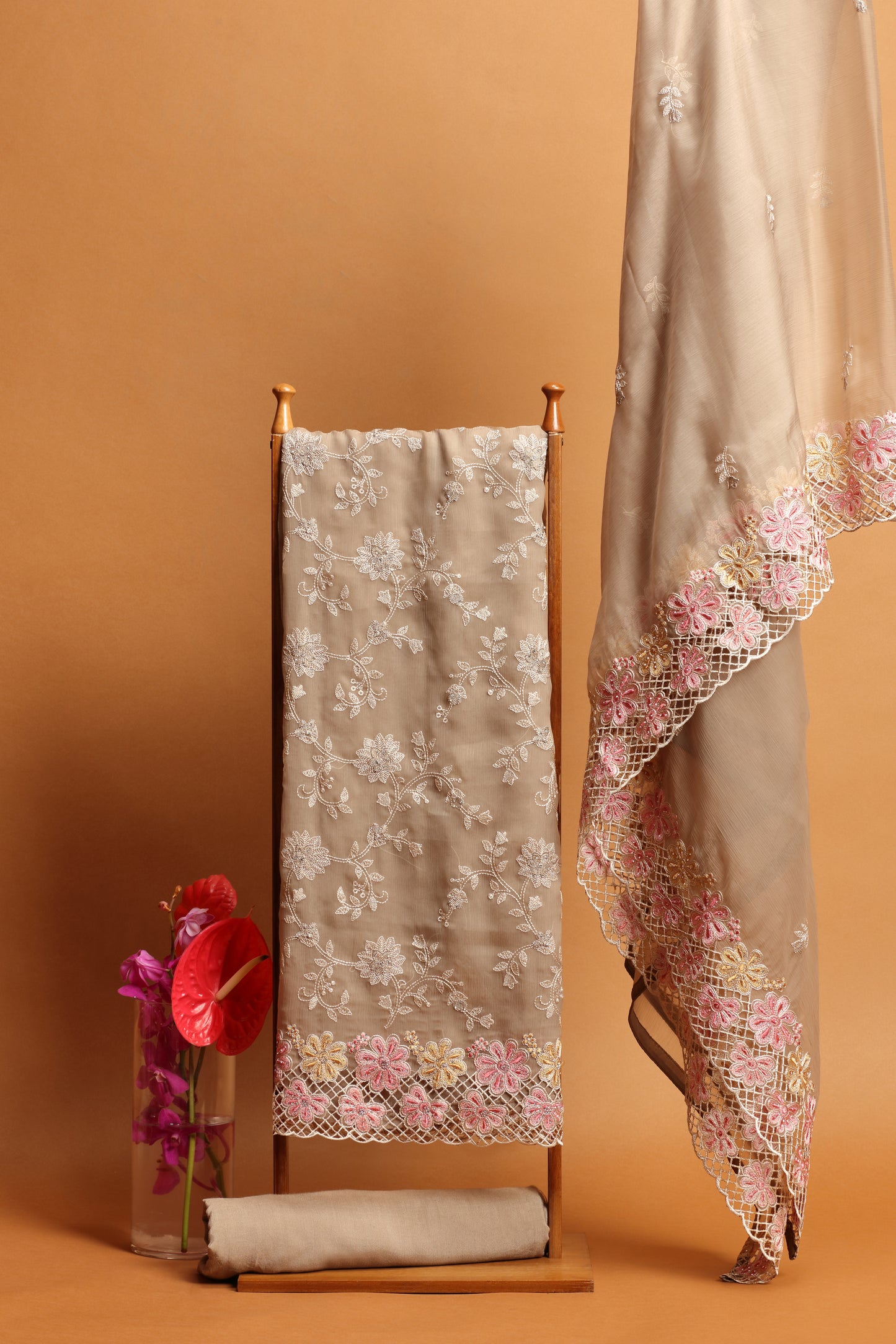 Beige Organza Dress Material Suit