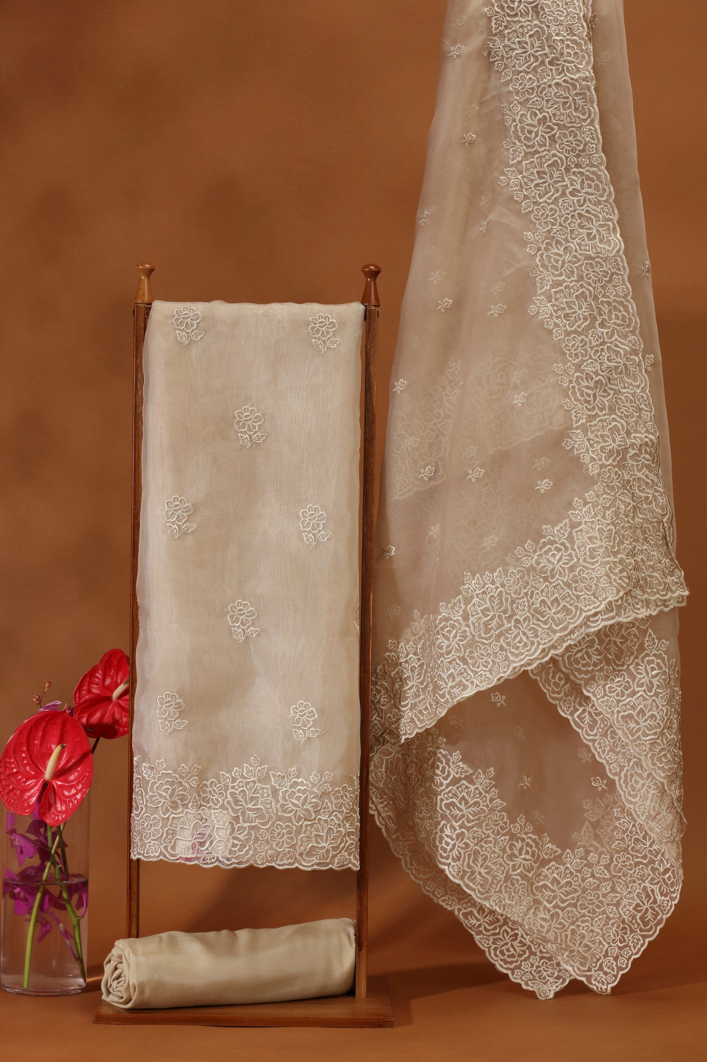 Beige Organza Suit Set with Elegant Resham Detailing