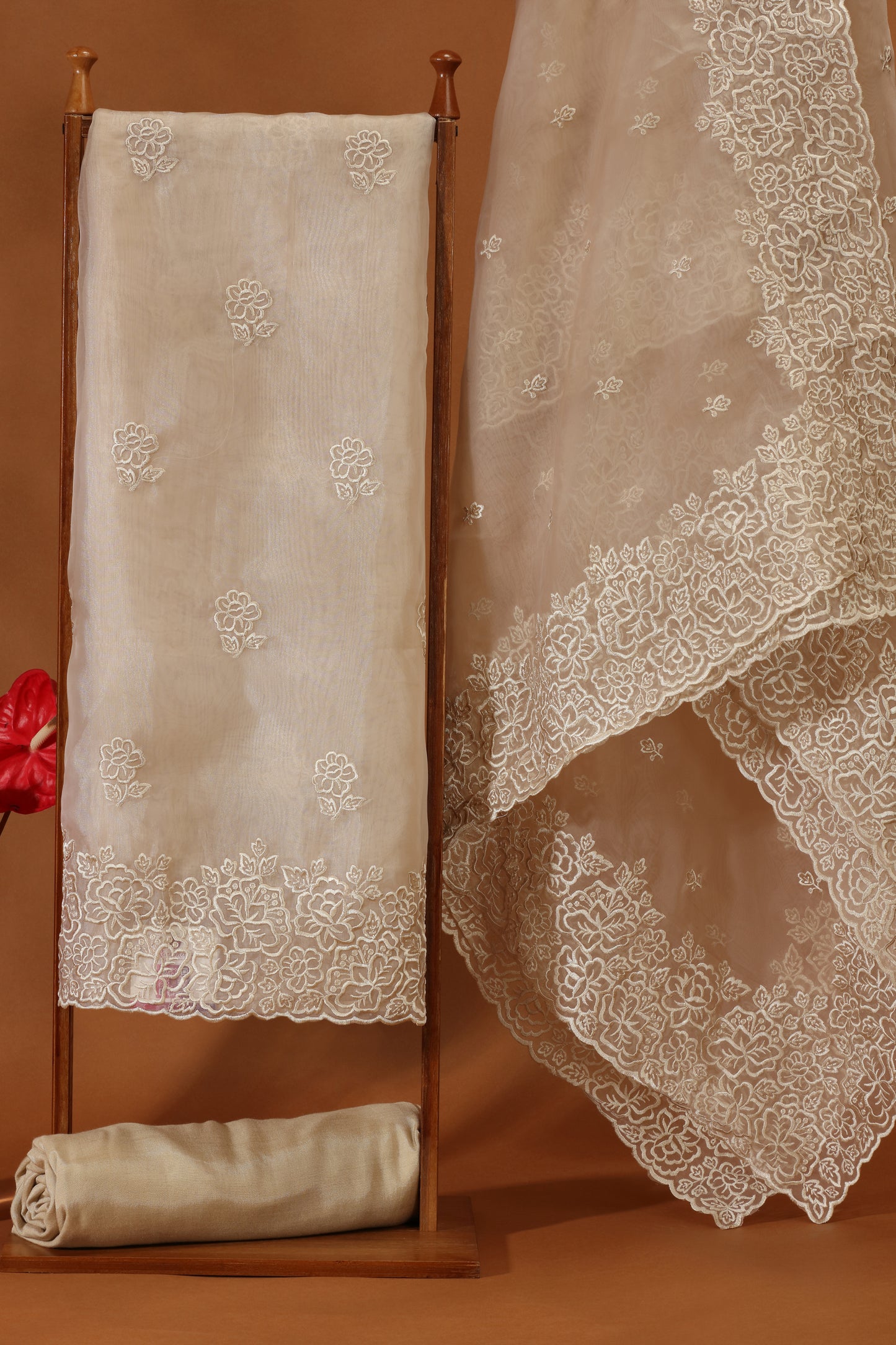 Beige Organza Suit Set with Elegant Resham Detailing
