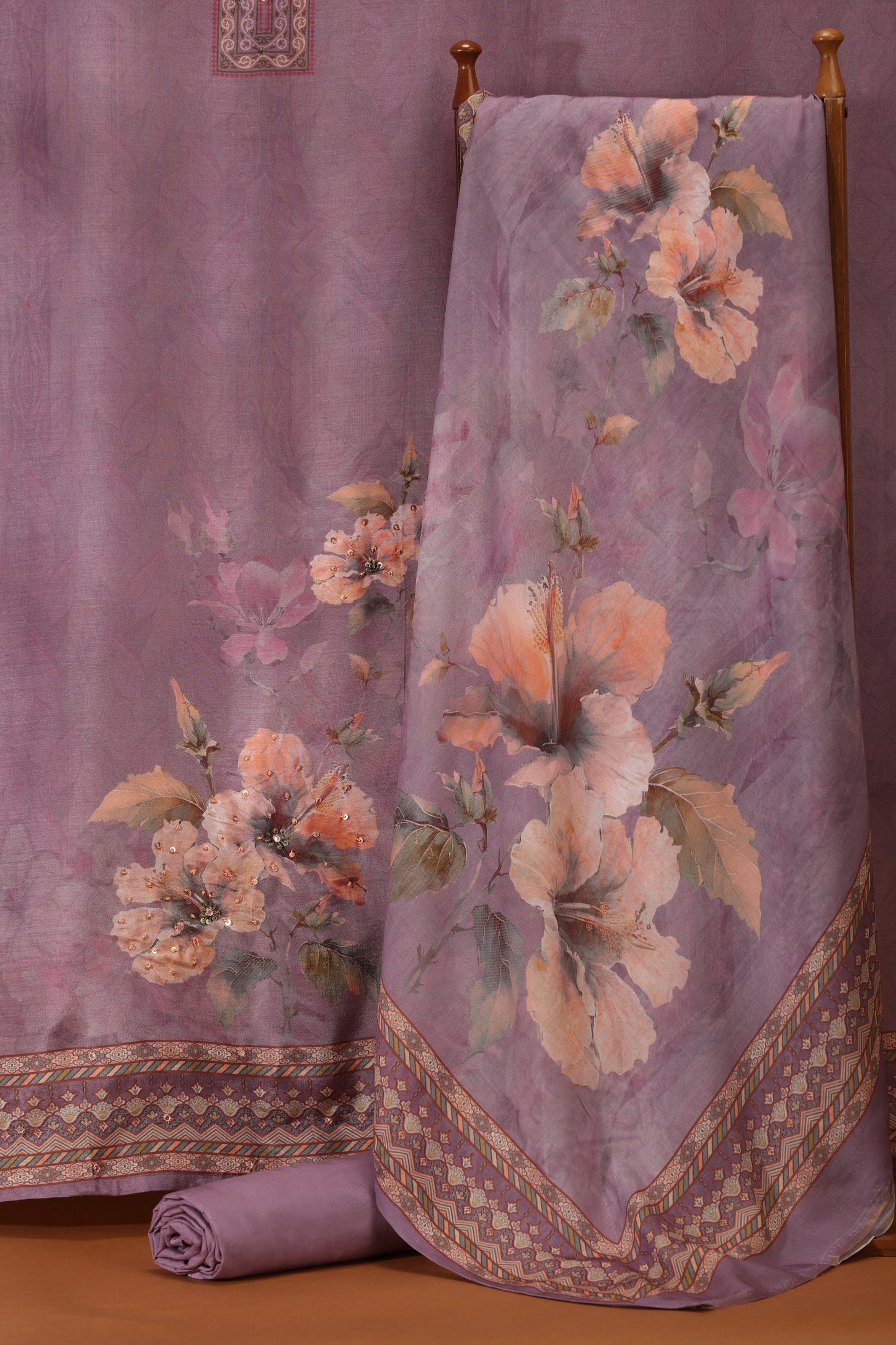 Mauve colored Crepe & Kathan Silk Semi-Stitched Dress Material Suit for Women
