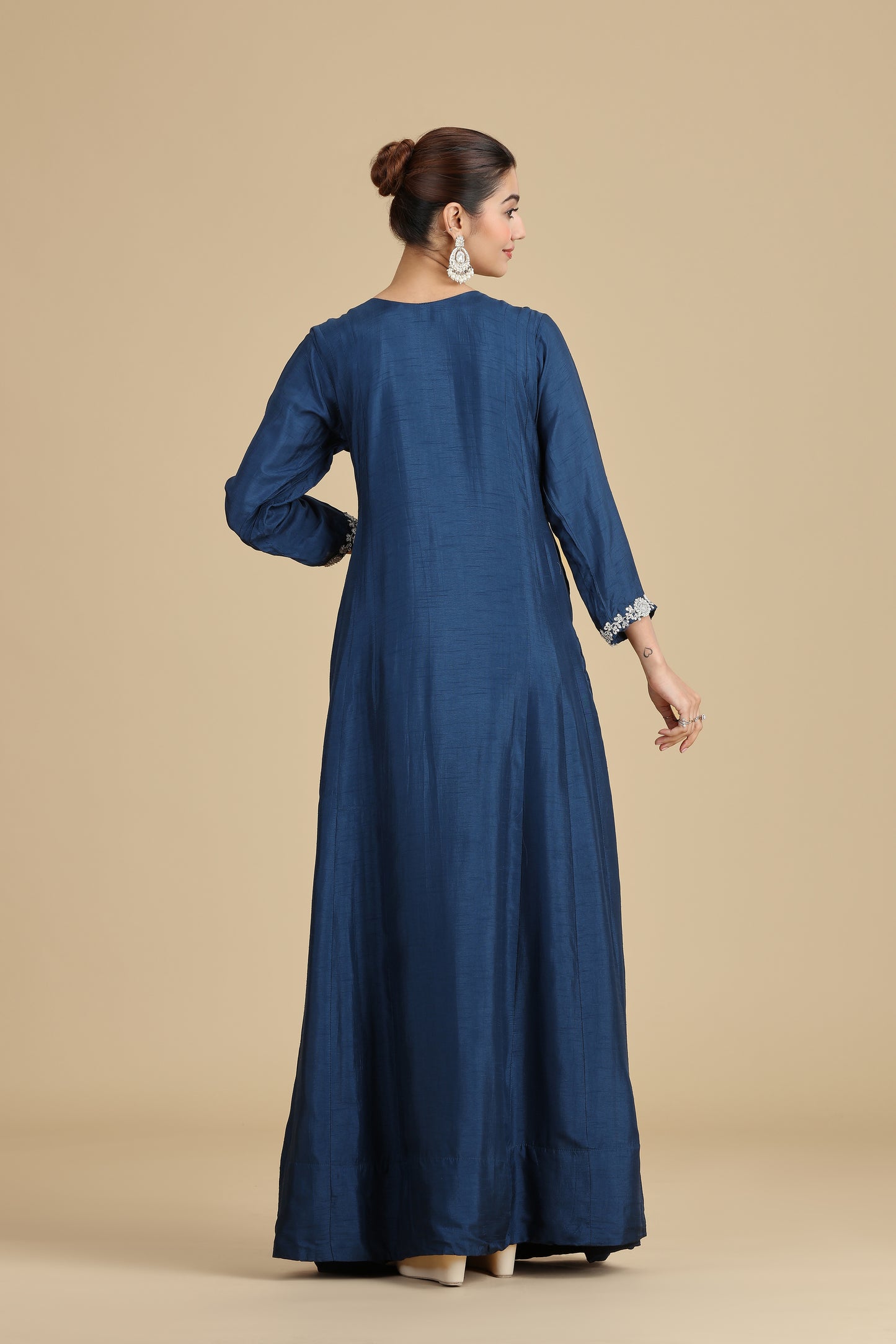 Navy Blue Chinnon Kurta Set with Intricate Embroidery