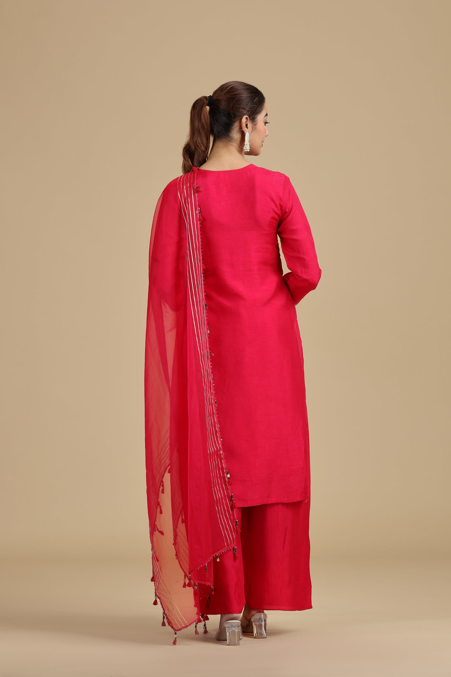 Pink Raw Silk Kurta Set with Sequins & Pearls
