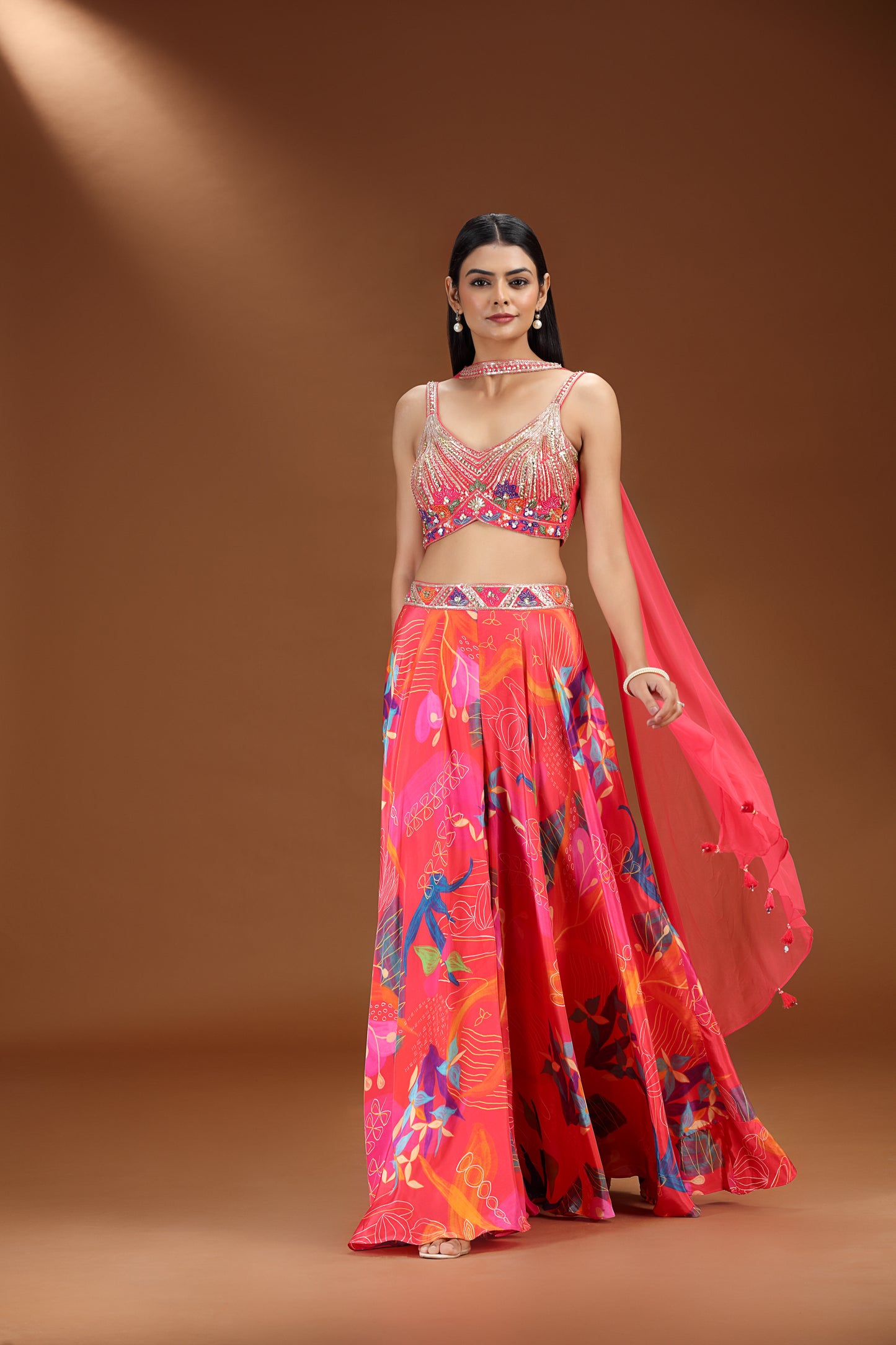 Pink floral lehenga with Pink Net Dupatta