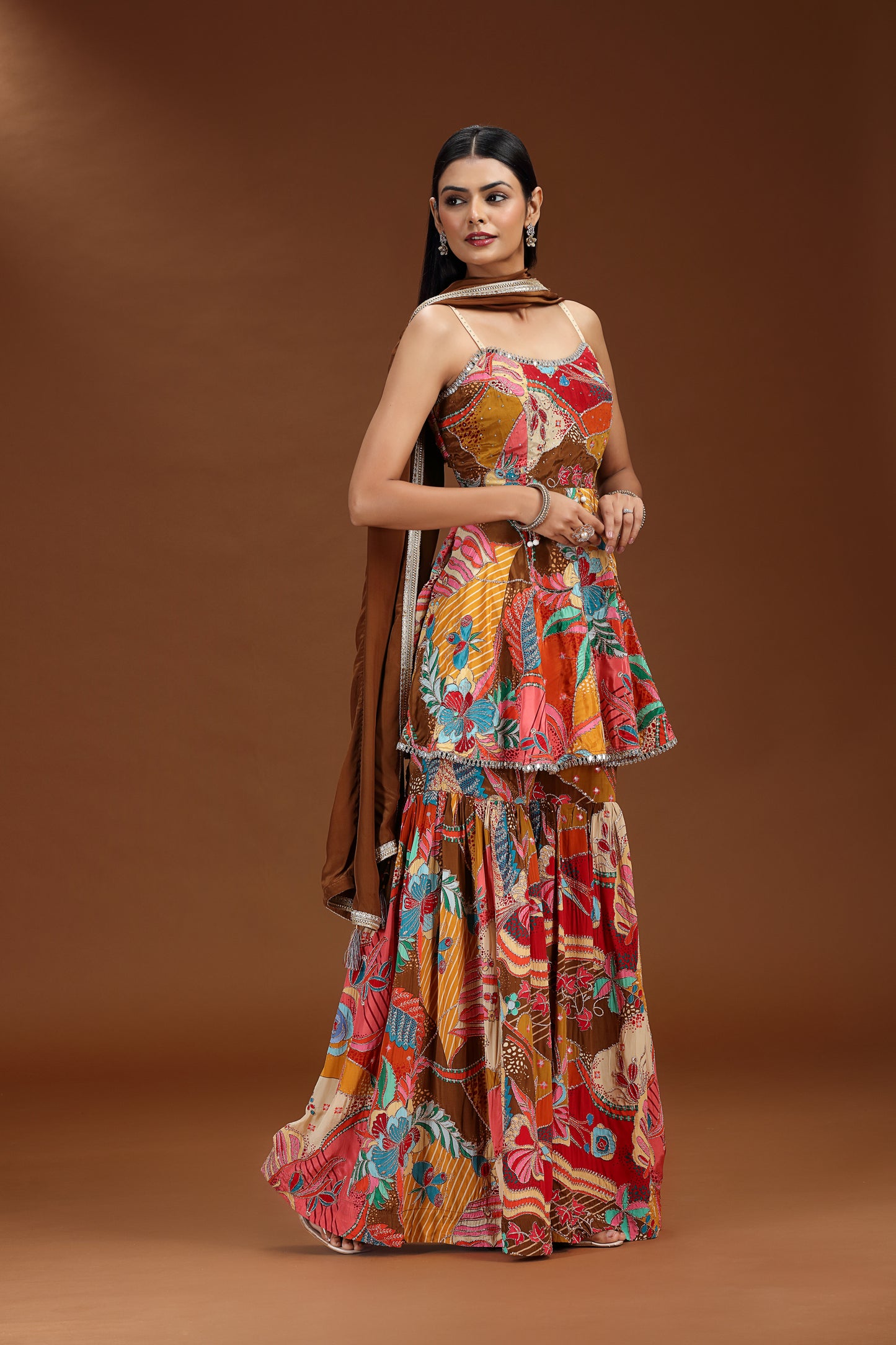 Multicolour Crepe Set with Mirror and Zari Detailing