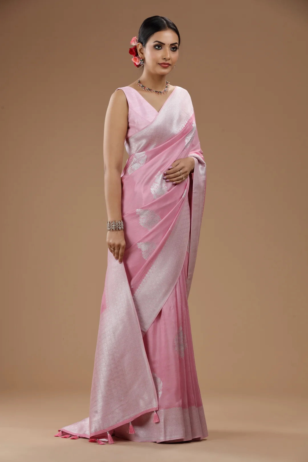 Blush Pink Dola Silk Saree with Intricate Weaving