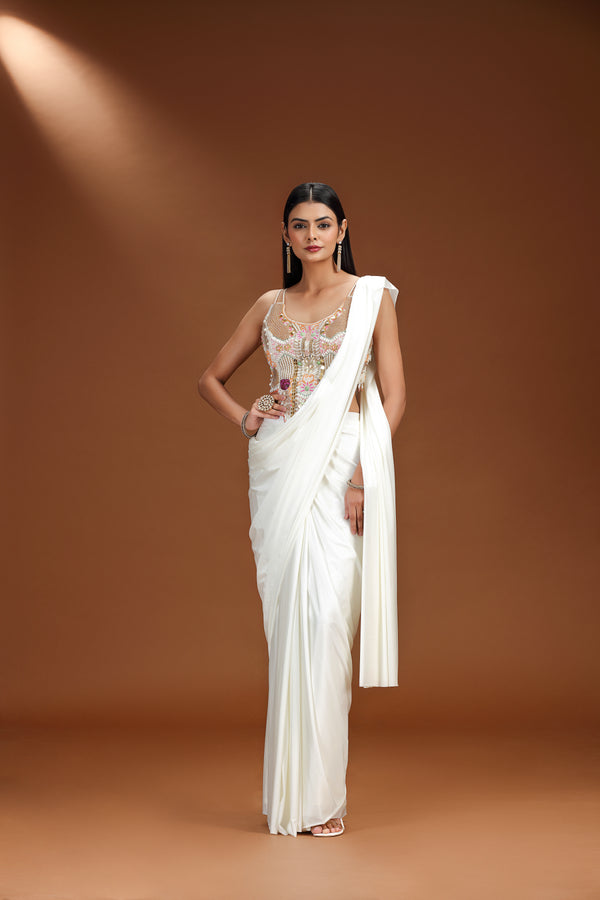 Ivory Pre-Stitched Saree with Abla & Stone Work Blouse