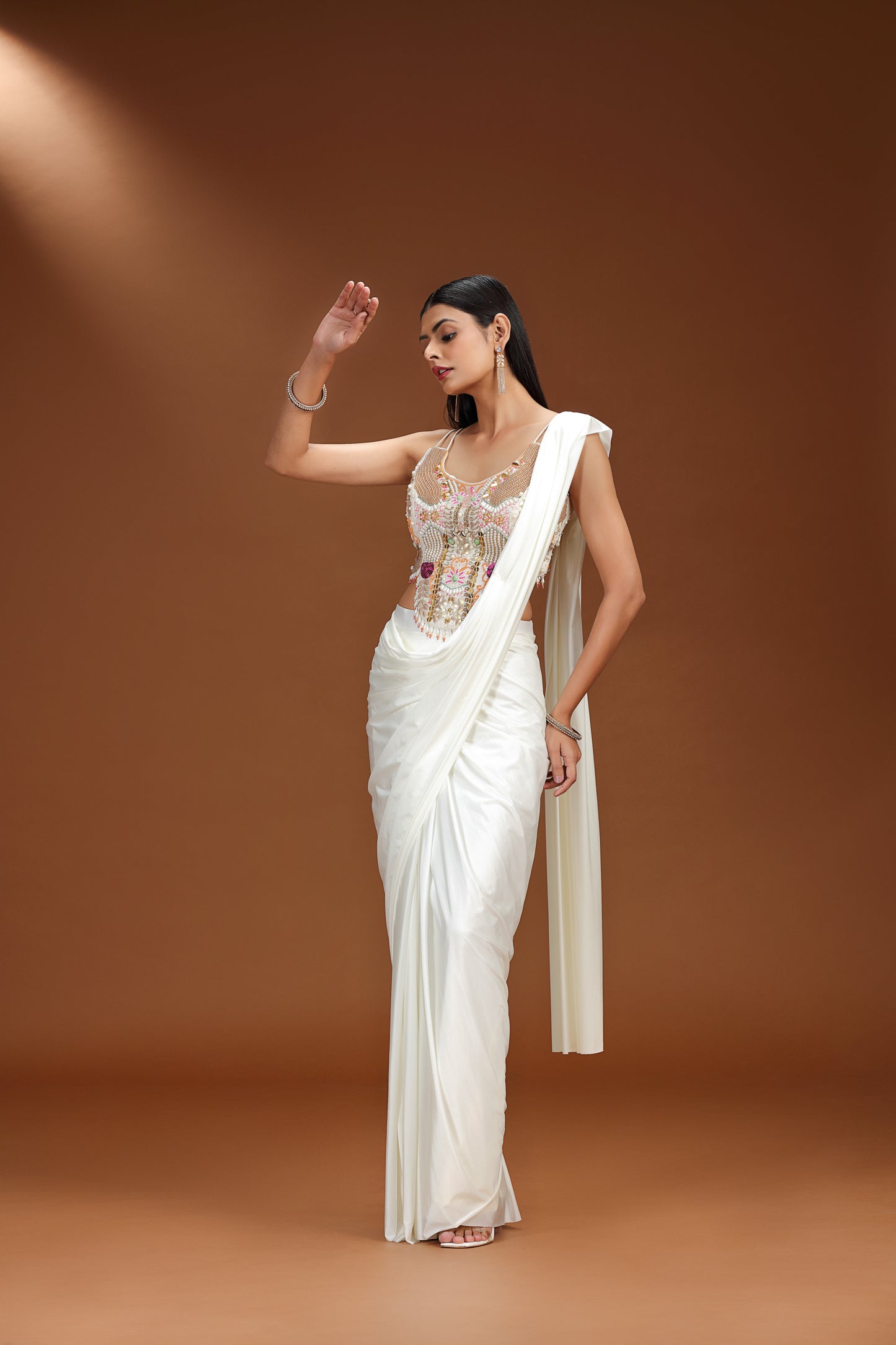 Ivory Pre-Stitched Saree with Abla & Stone Work Blouse