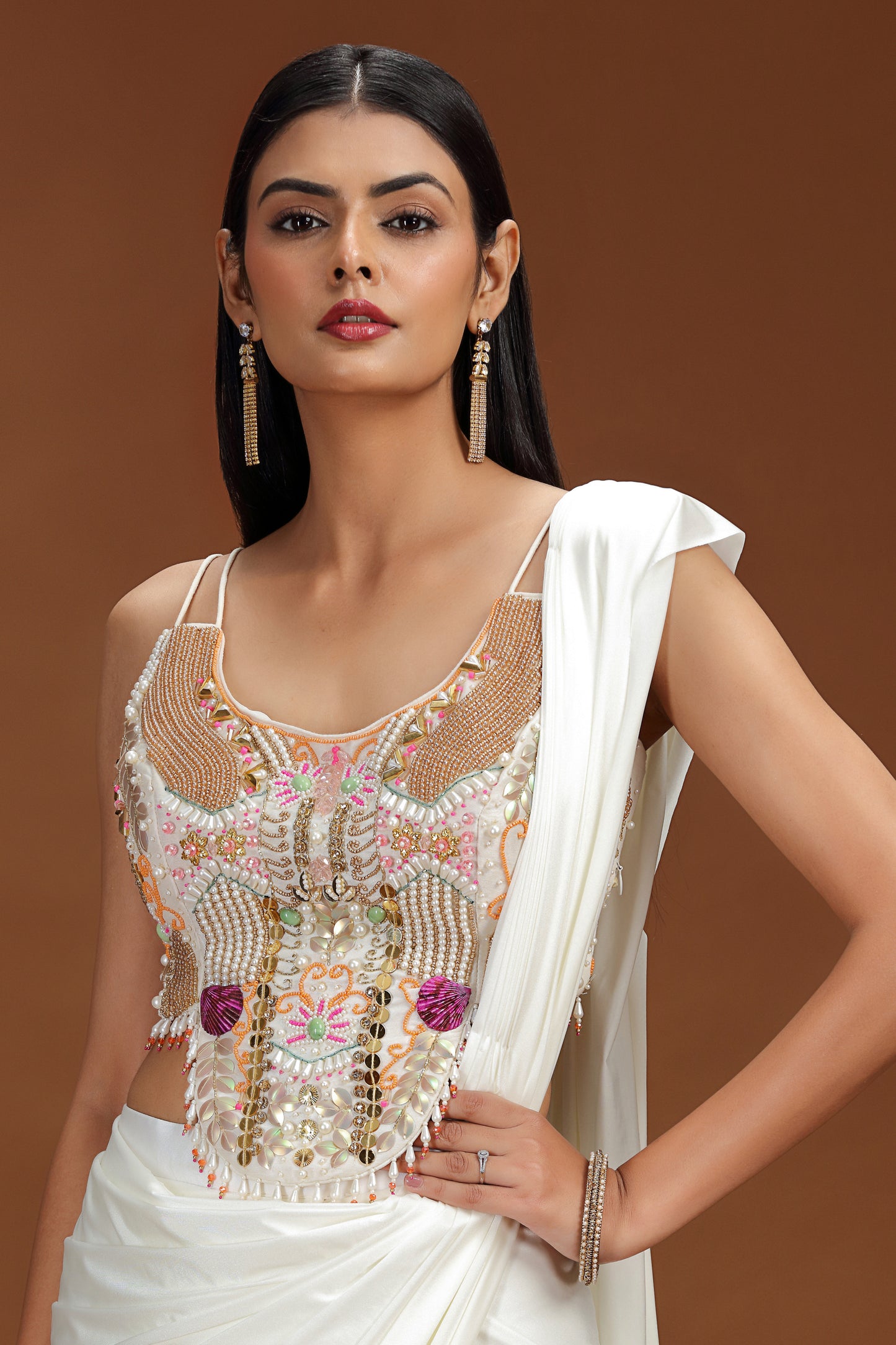 Ivory Pre-Stitched Saree with Abla & Stone Work Blouse