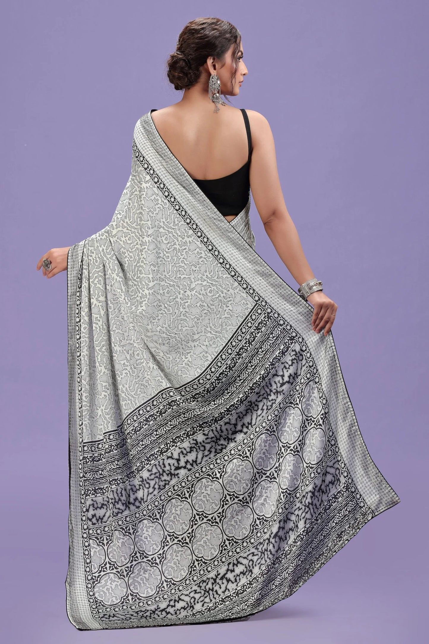 White Abstract Printed Satin Saree with Swarovski & Black Blouse