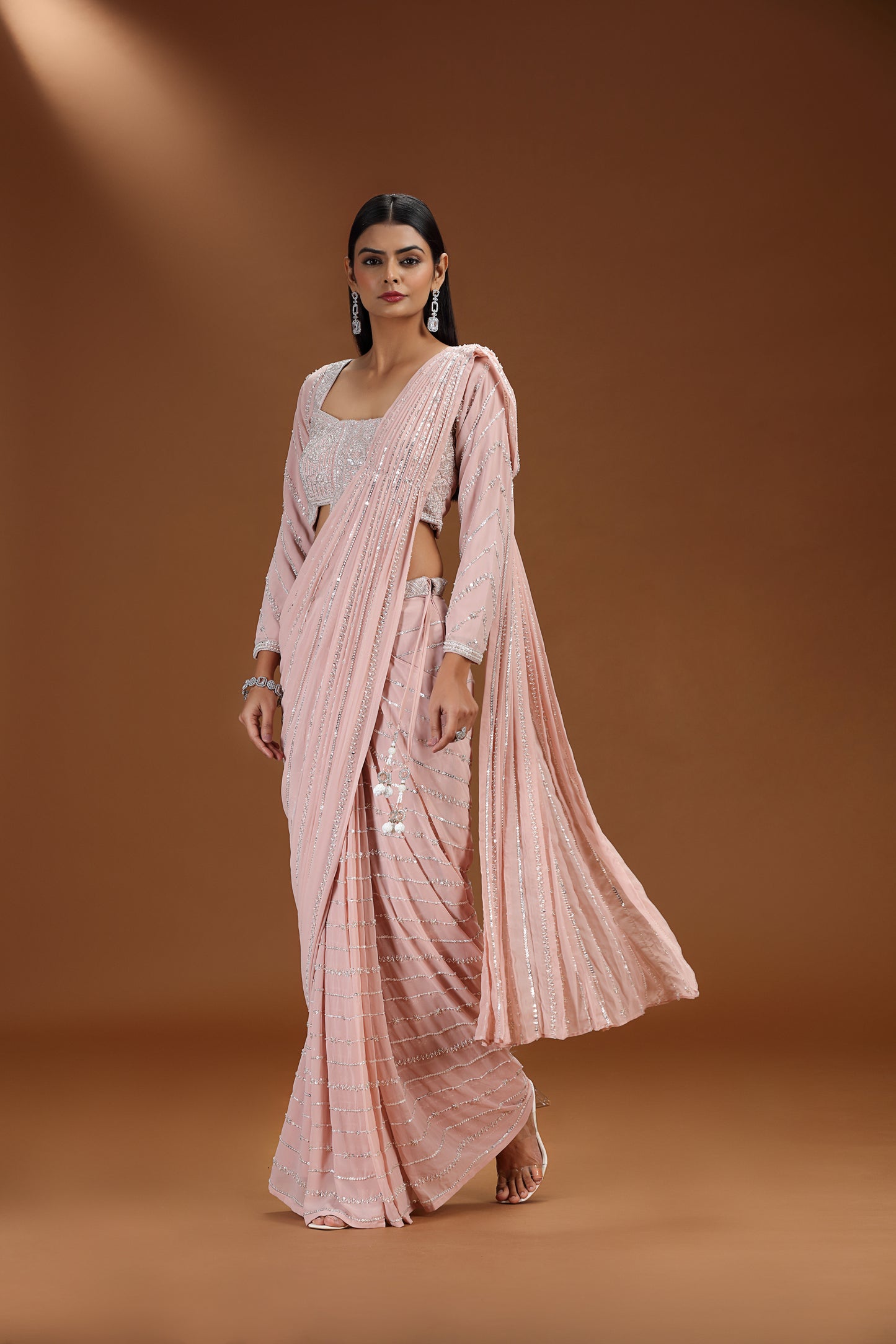 Pink Sequin Striped Pre-Stitched Saree with Embroidered Blouse