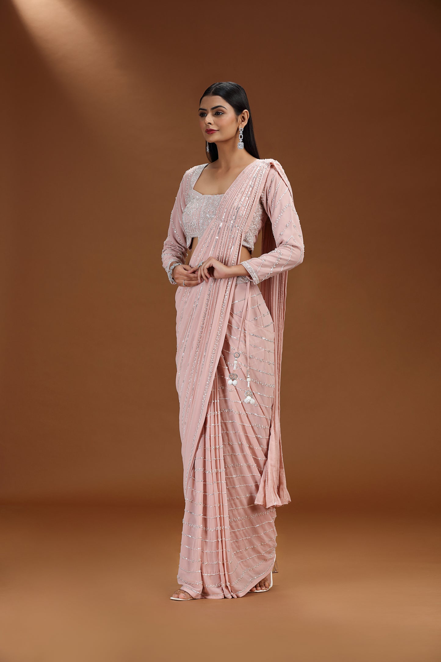 Pink Sequin Striped Pre-Stitched Saree with Embroidered Blouse