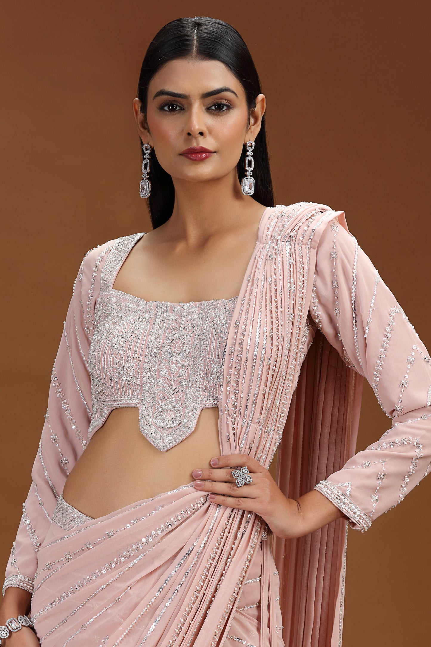 Pink Sequin Striped Pre-Stitched Saree with Embroidered Blouse