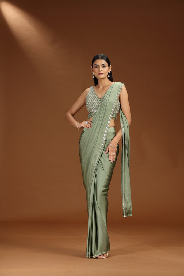 Olive Green Pre-Stitched Saree with Embellished Blouse