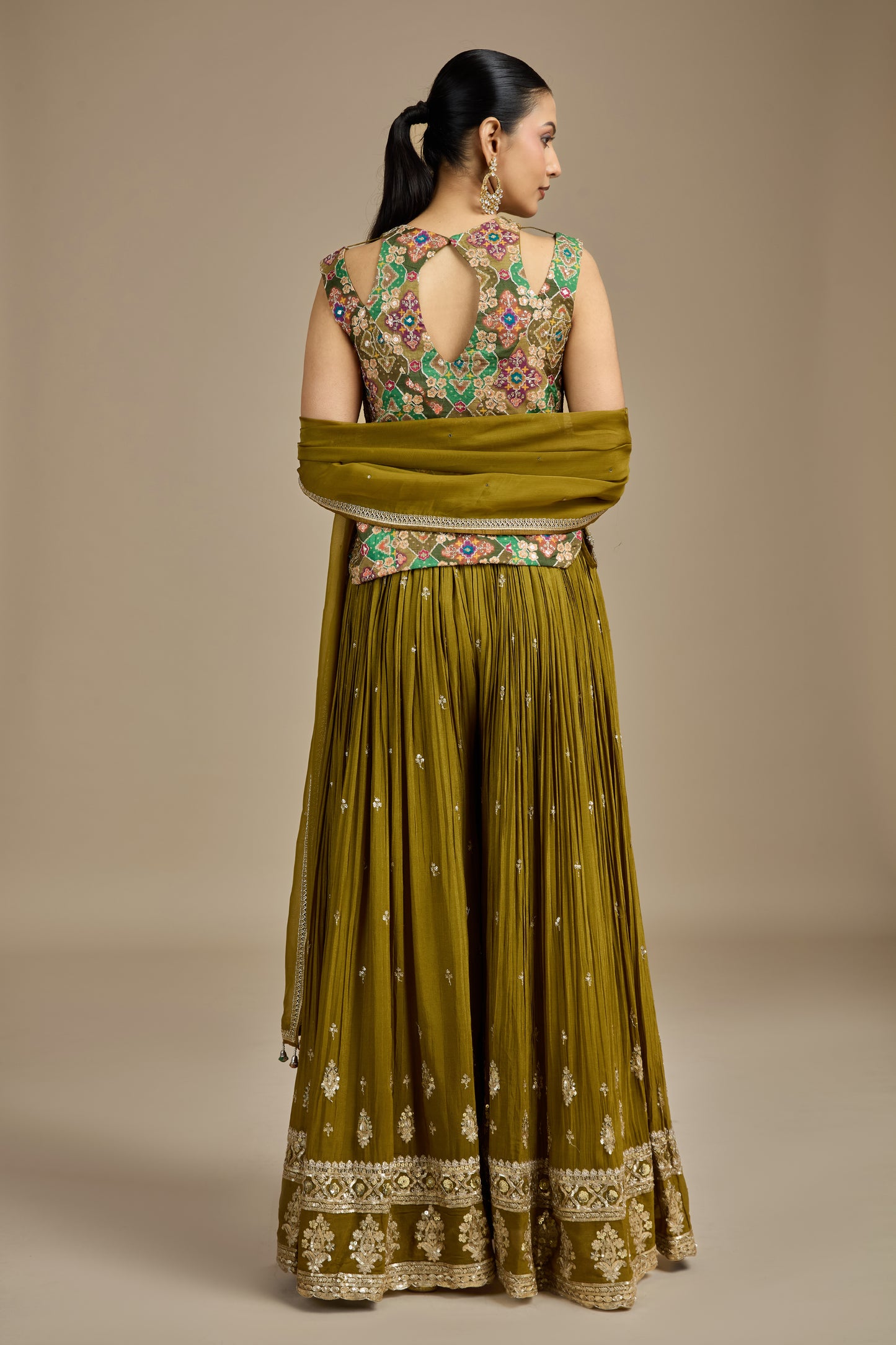Green Raw Silk Suit Set with Mirror, Moti, Sequins, Printed & Zardosi Work