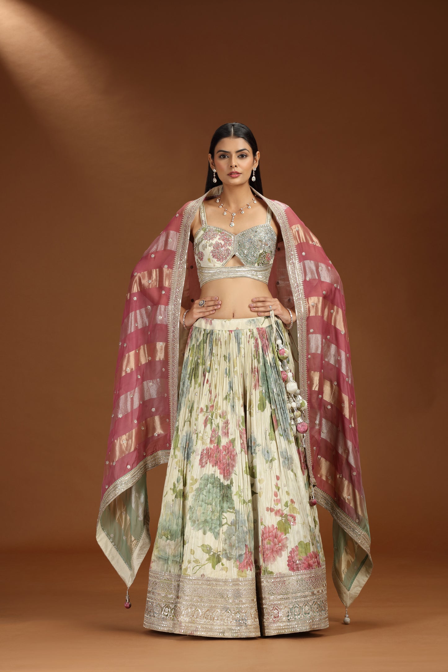 Beige Chanderi Lehenga Set with Multicolour Organza Dupatta
