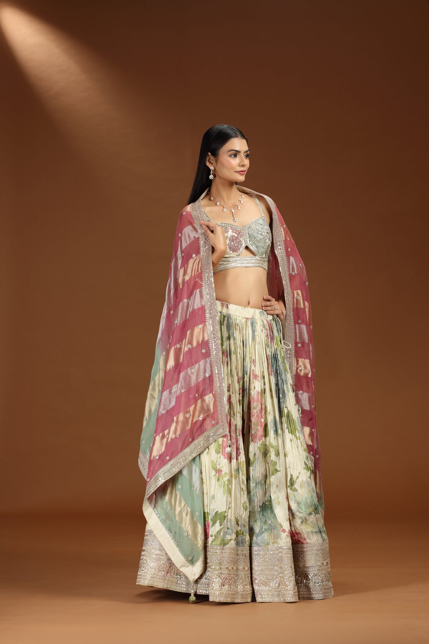Beige Chanderi Lehenga Set with Multicolour Organza Dupatta