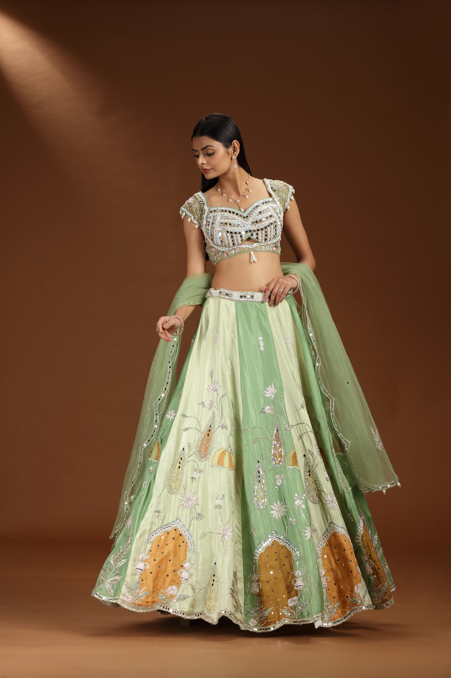 Green Satin Silk Lehenga with Green Net Blouse and Green Net Dupatta