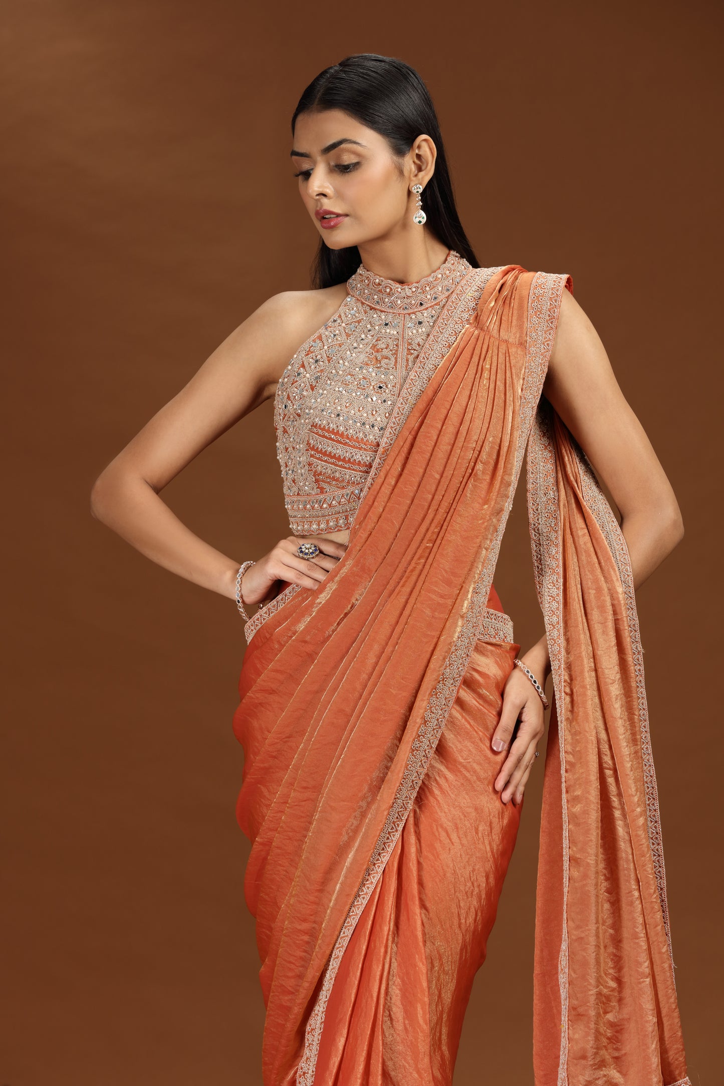 Rust Orange Pre-Stitched Crepe Saree with Mirror Work Blouse