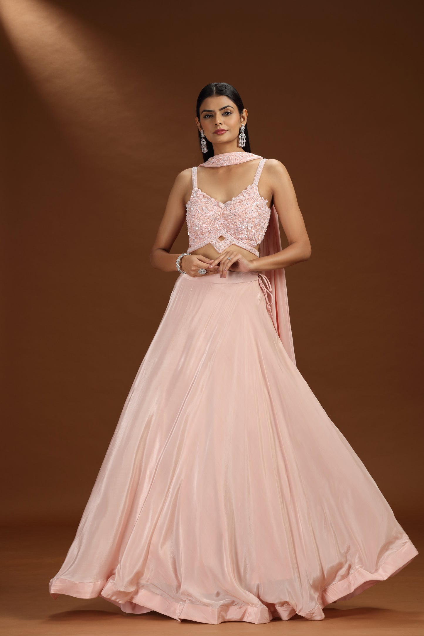 Pink Crepe Legenga Set with Net Blouse