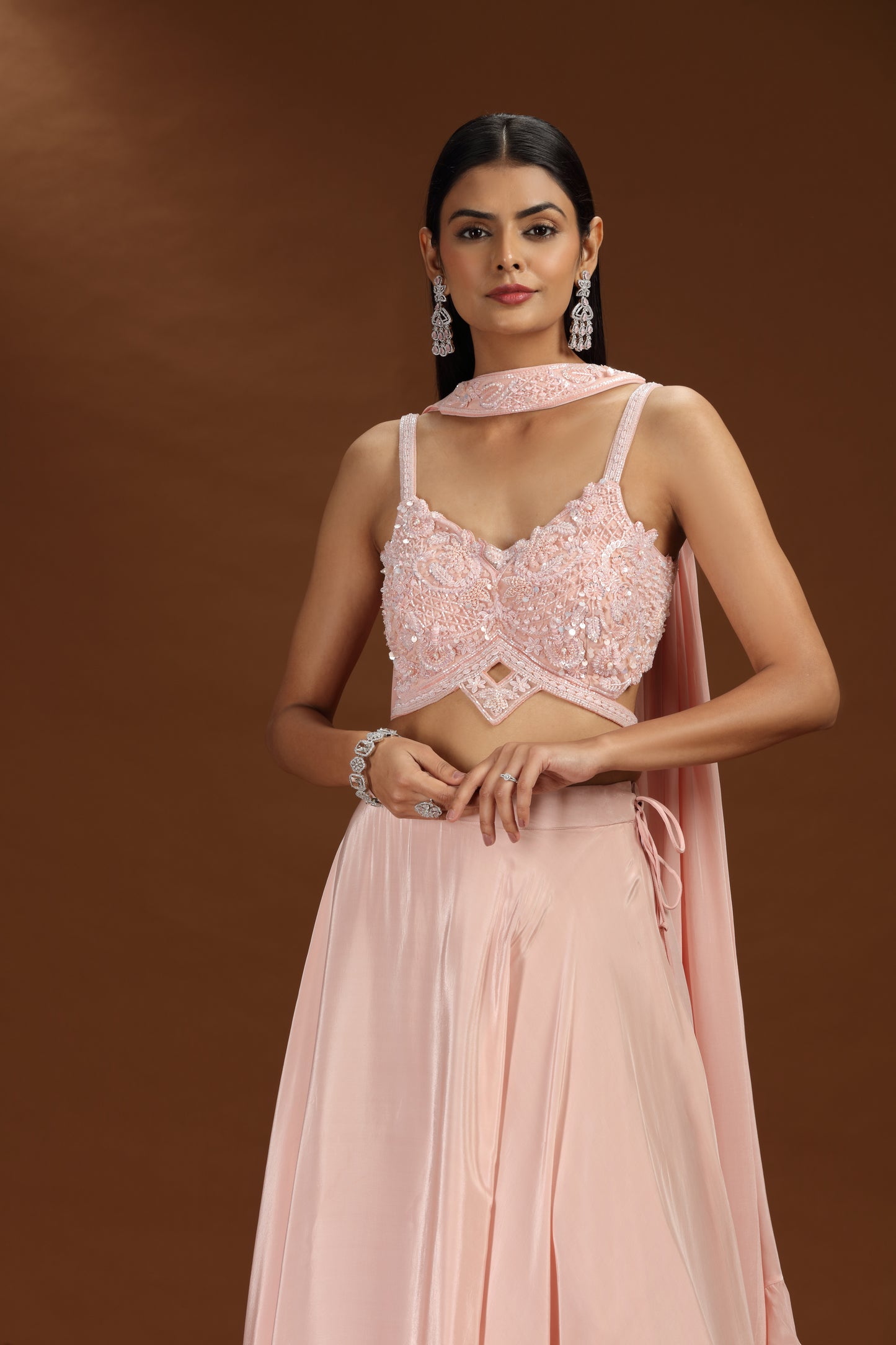 Pink Crepe Legenga Set with Net Blouse