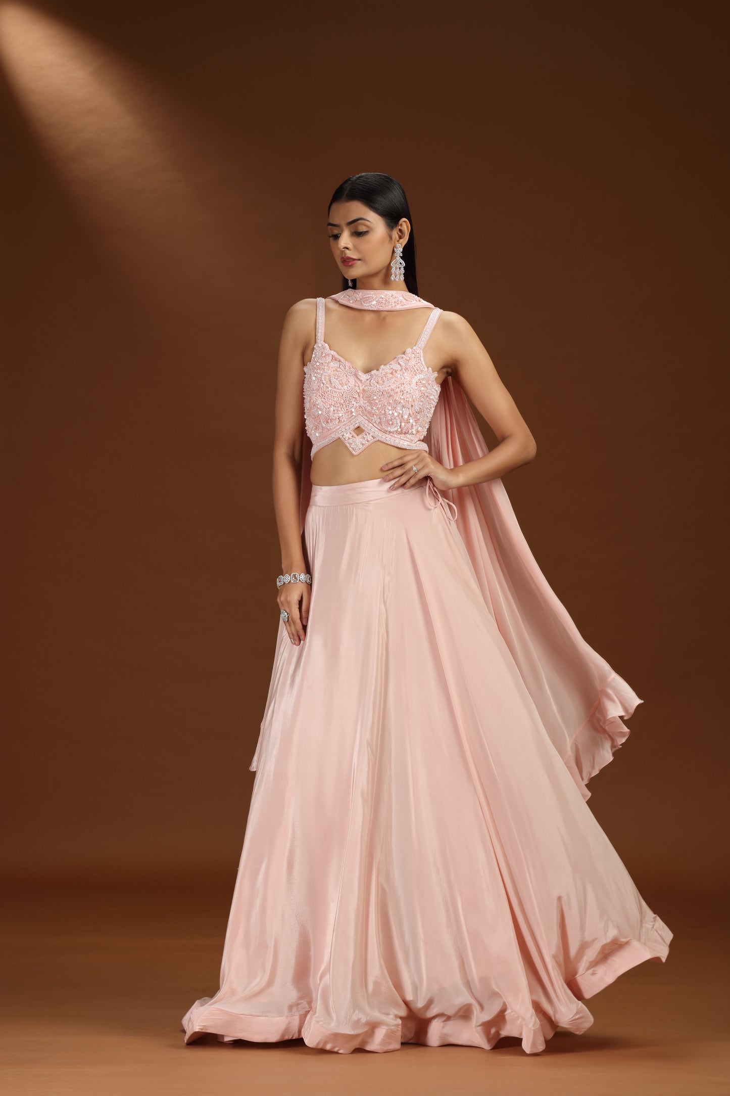 Pink Crepe Legenga Set with Net Blouse