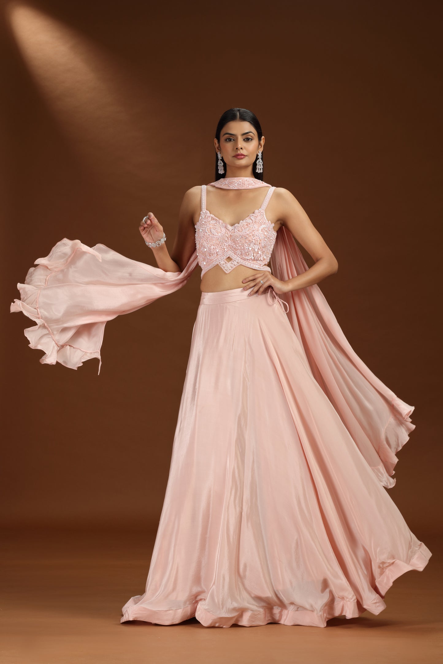 Pink Crepe Legenga Set with Net Blouse