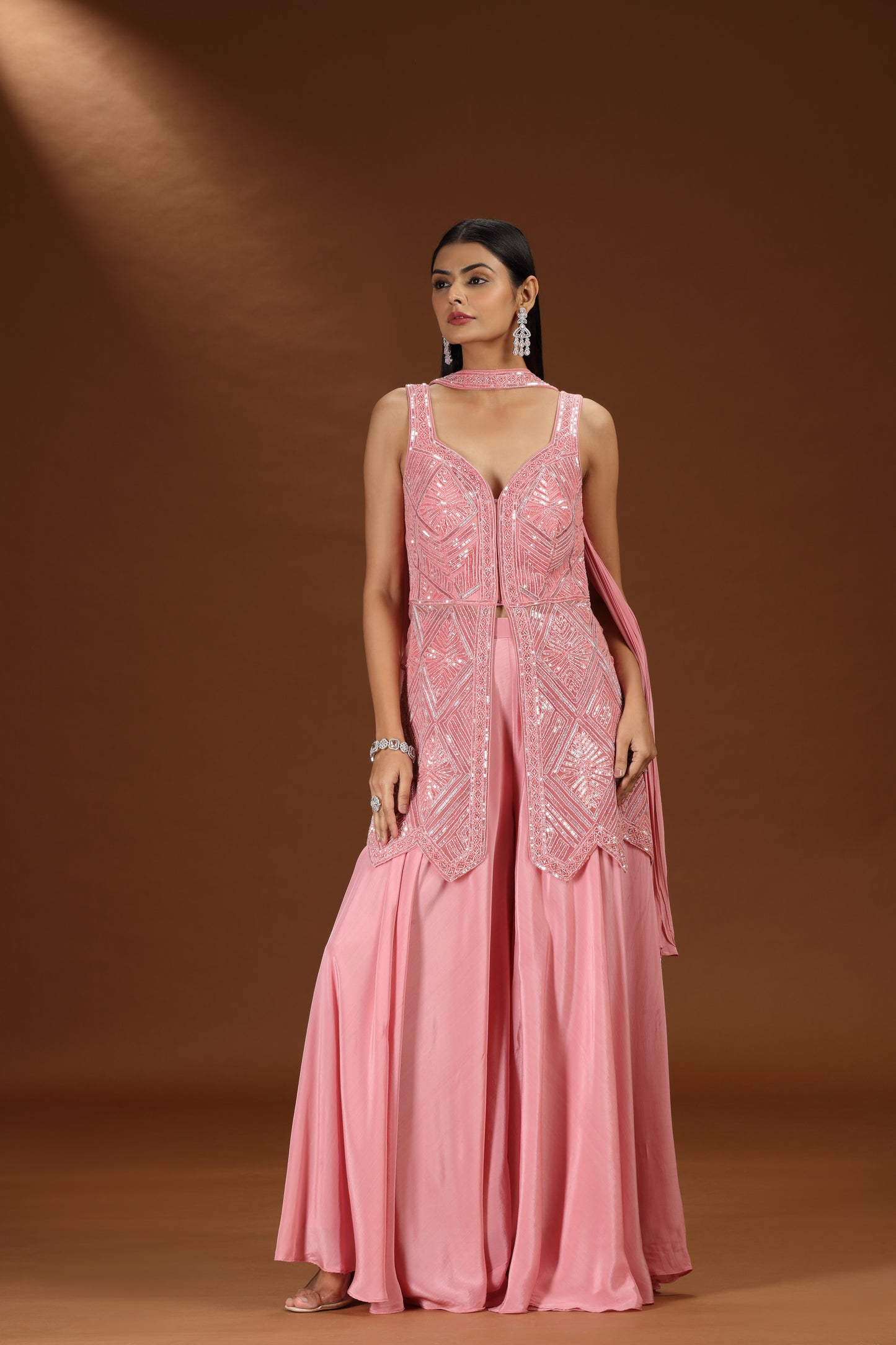 Pink Net and Crepe Salwar Suit with Moti and Stone Embellishments