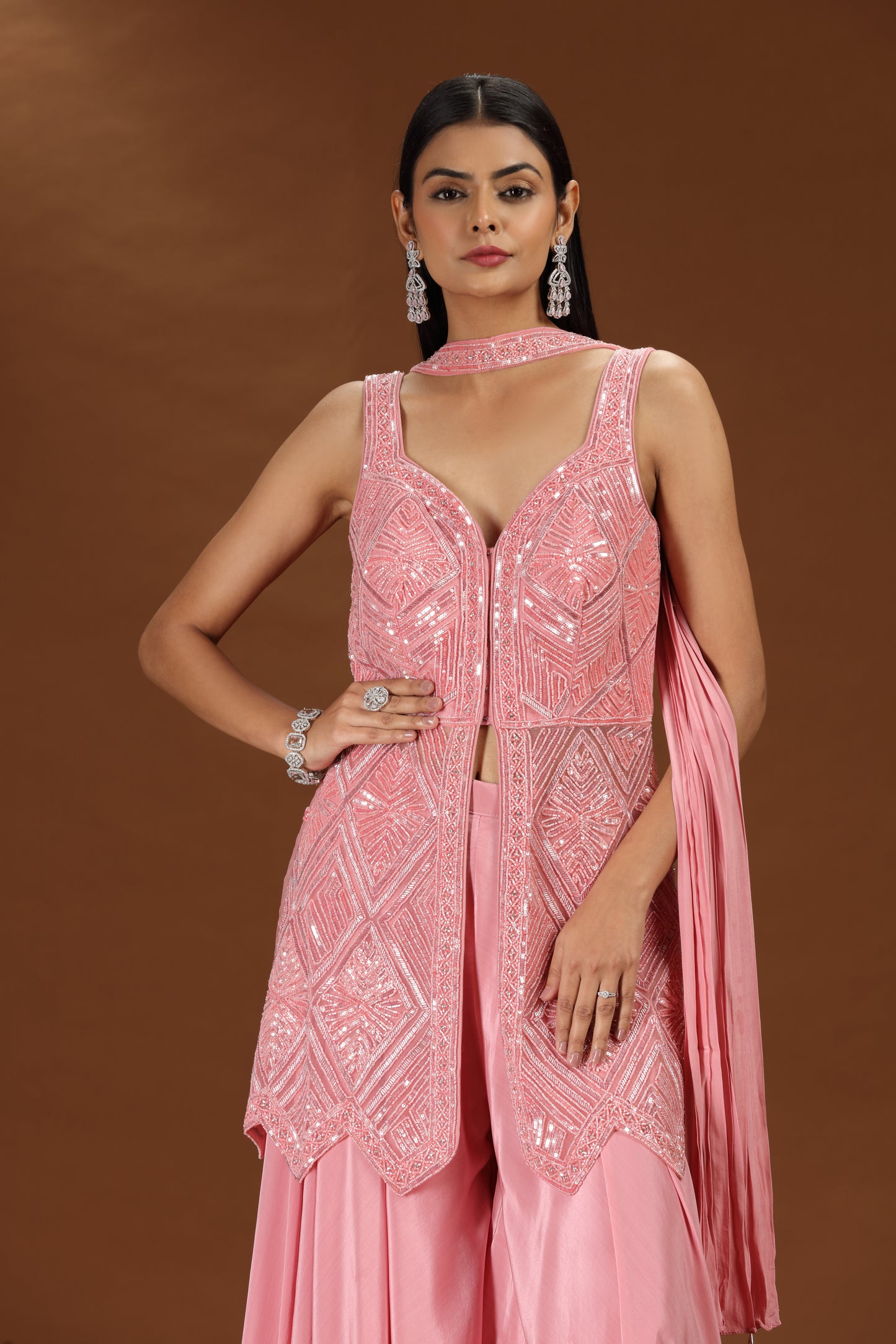 Pink Net and Crepe Salwar Suit with Moti and Stone Embellishments