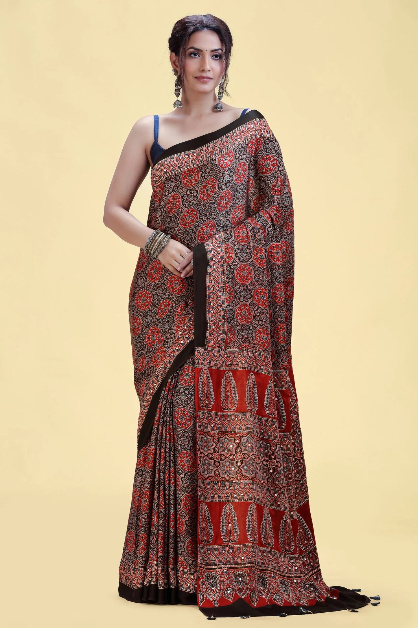 Deep Red Satin Silk Saree with Unstitched Blouse