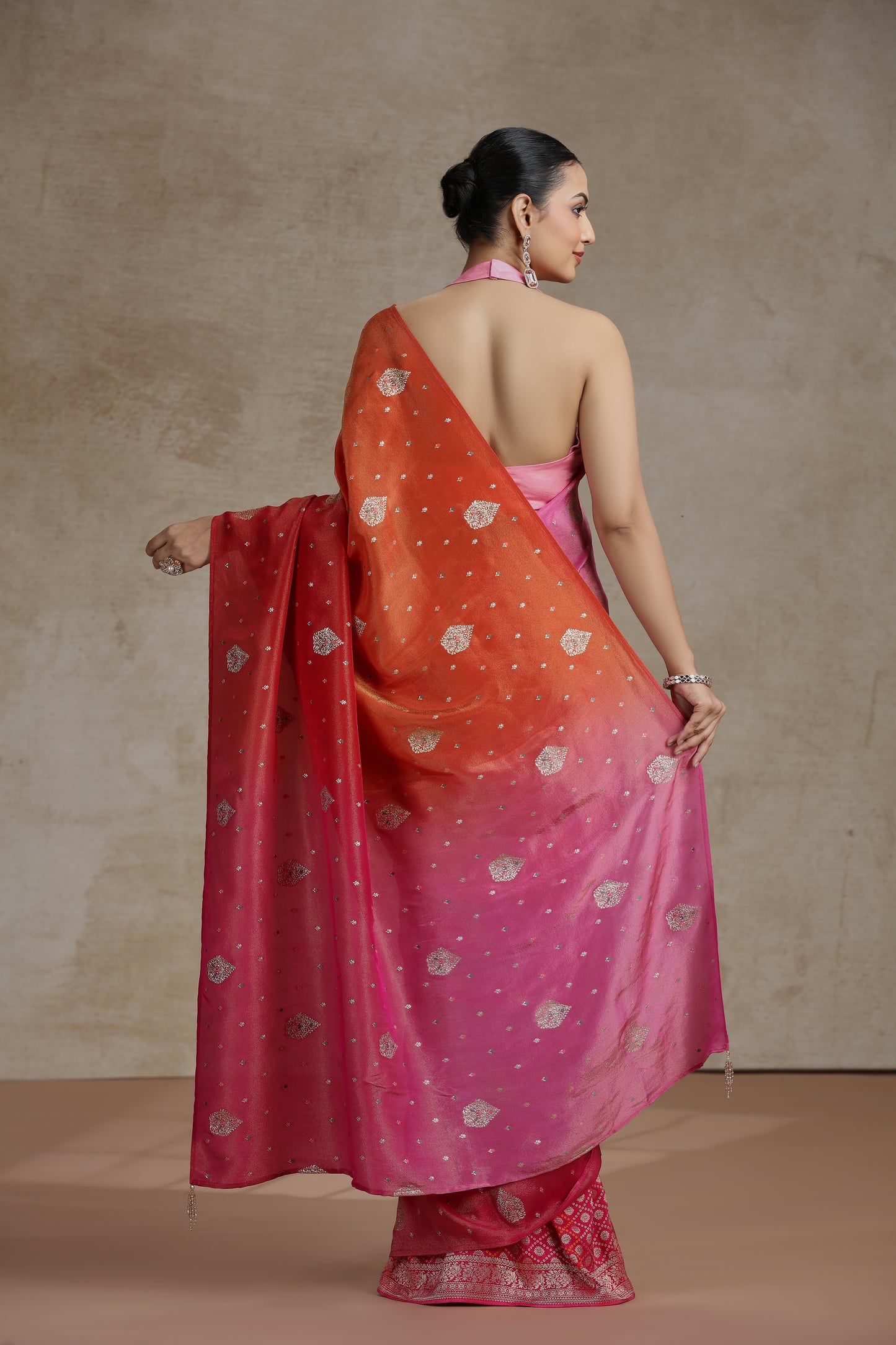Ambre Dola Silk Saree with Woven Detailing & Rani Pink Blouse