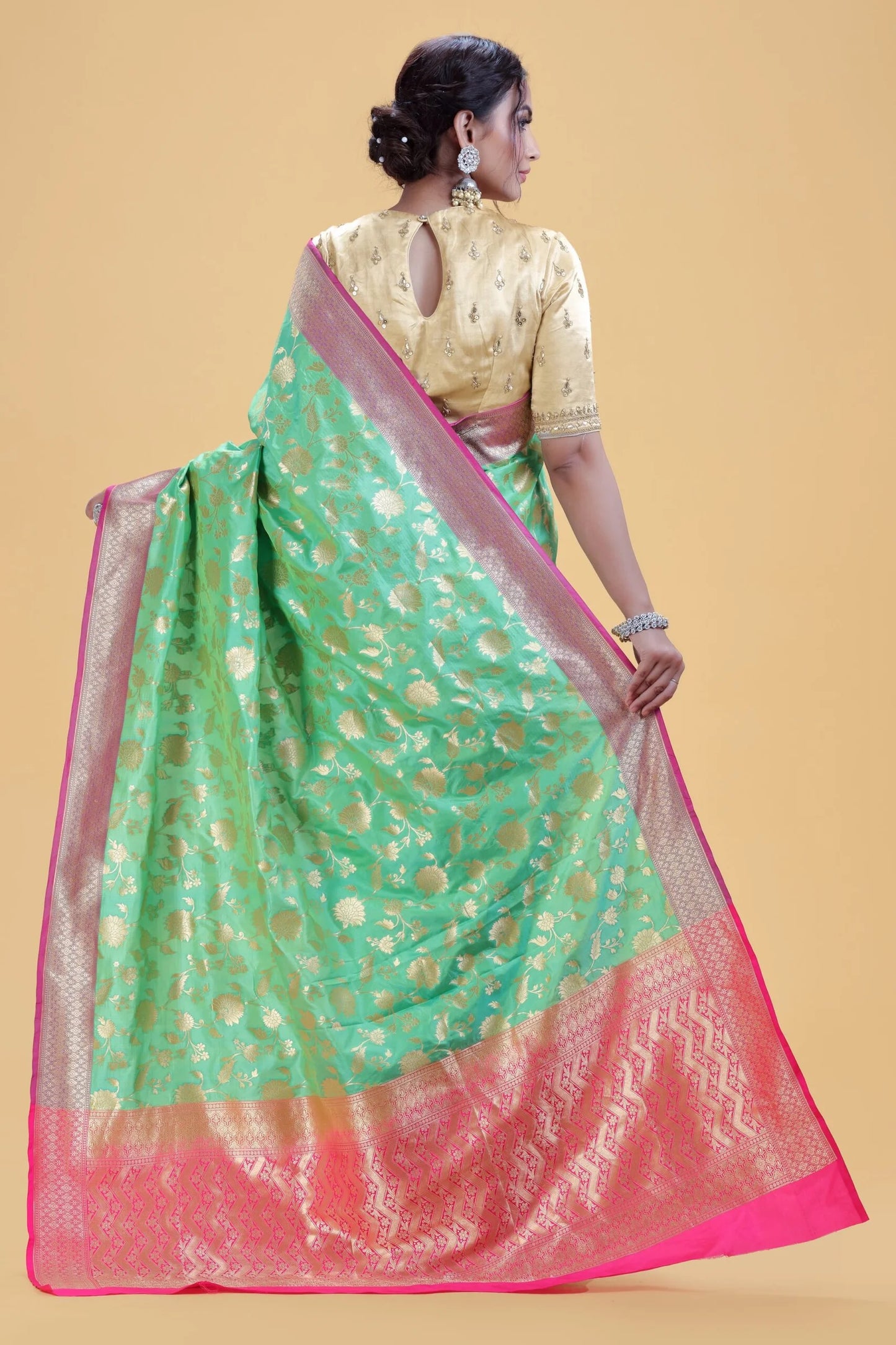 Mint Green Kathan Silk Saree with Gold Weaving & Pink Blouse
