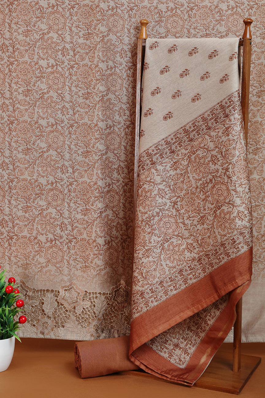 Brown Printed Chanderi Kurta with Delicate Floral Motifs