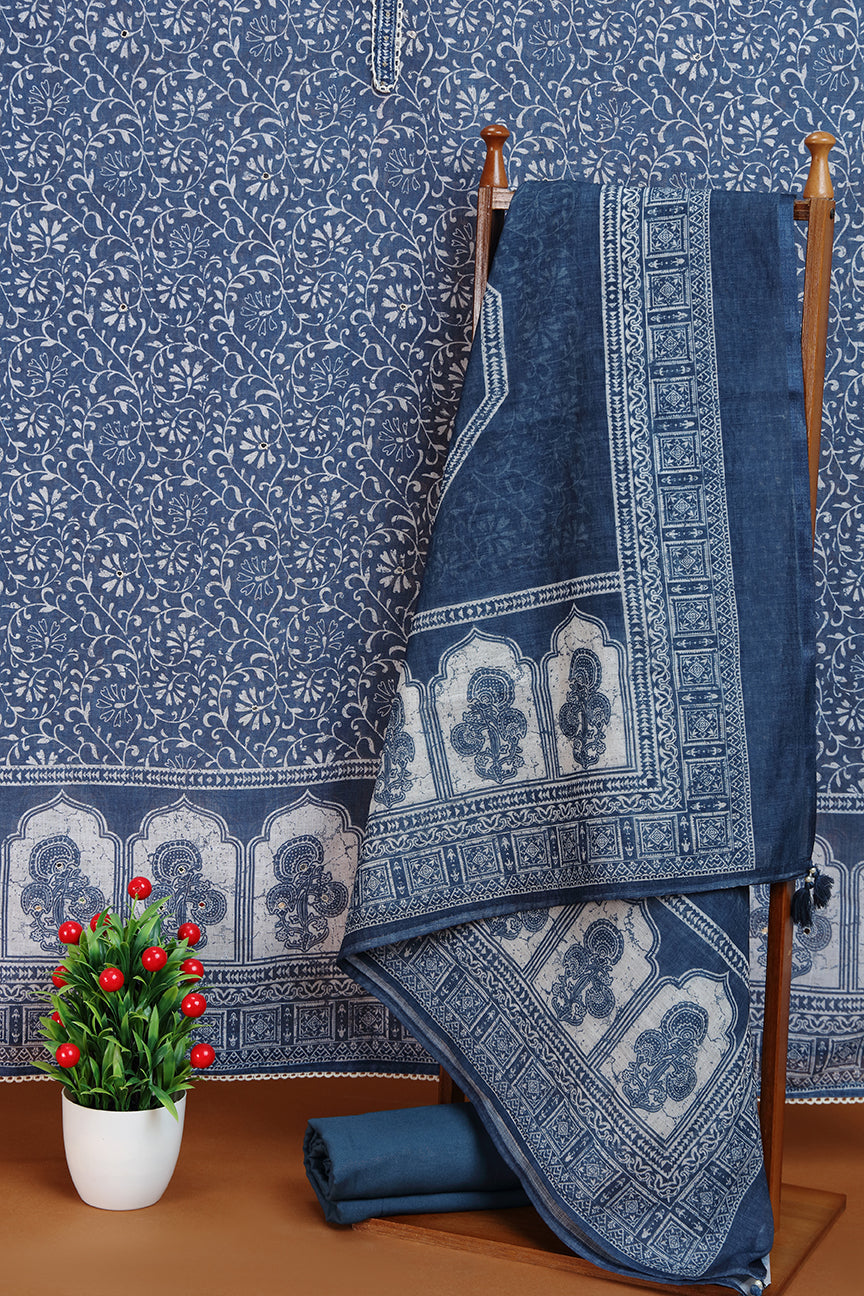 Blue Floral Printed Kurta with Front Placket Detail