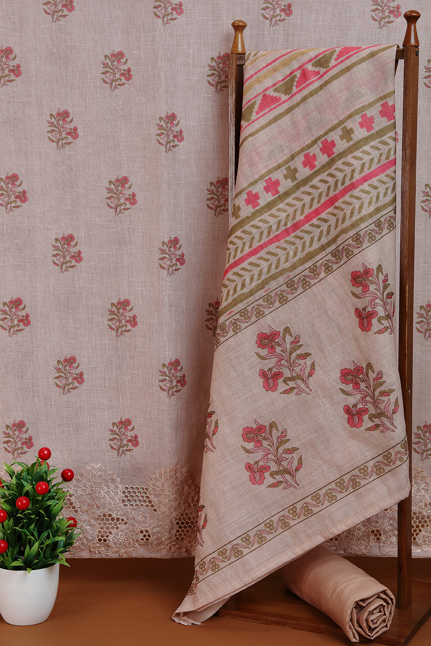 Taupe Beige Printed Dupatta with Lace Detail